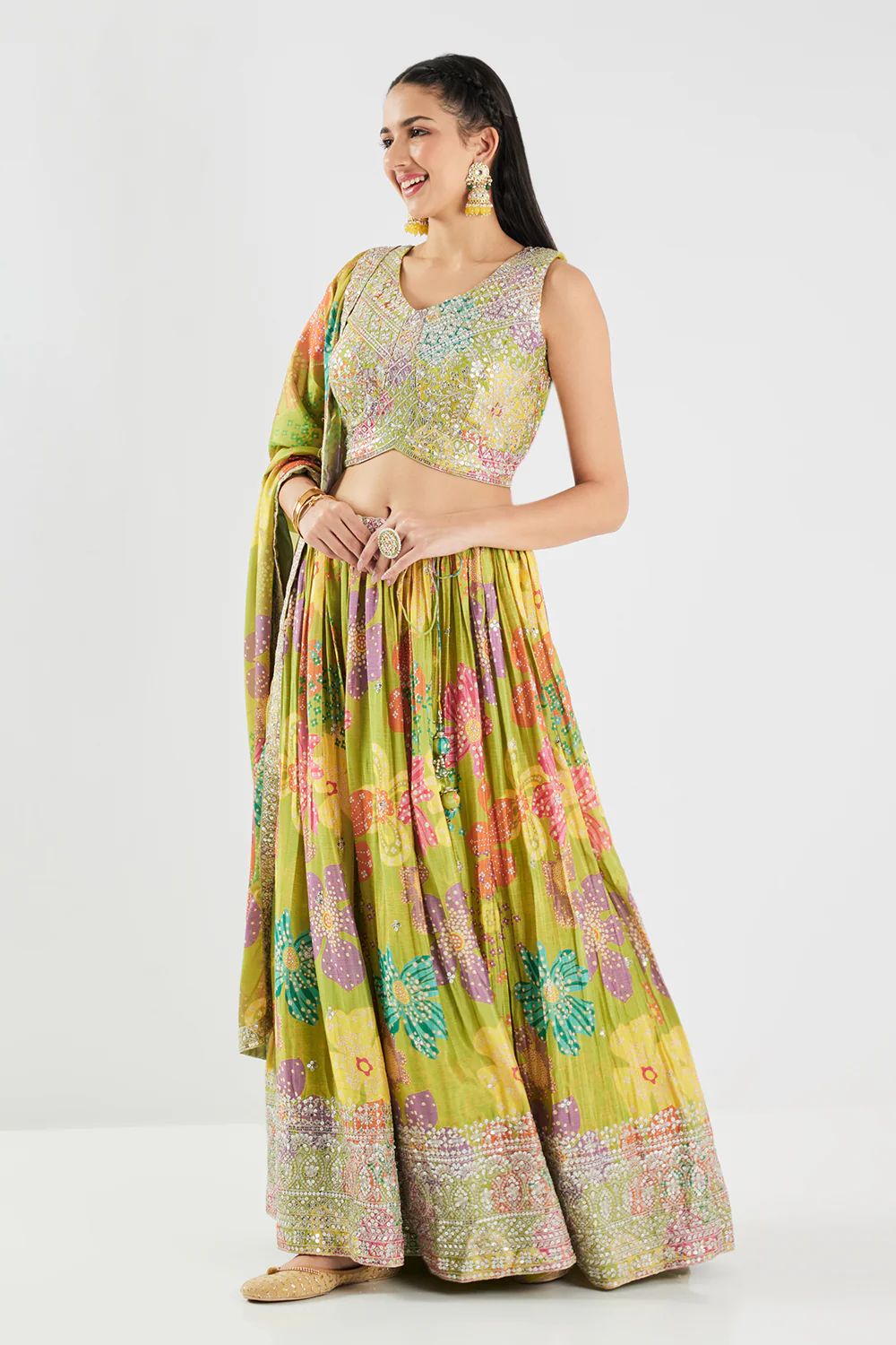 Neerus Parrot Green Sequence Work Chinon Fabric Ghagra Set - Image 5