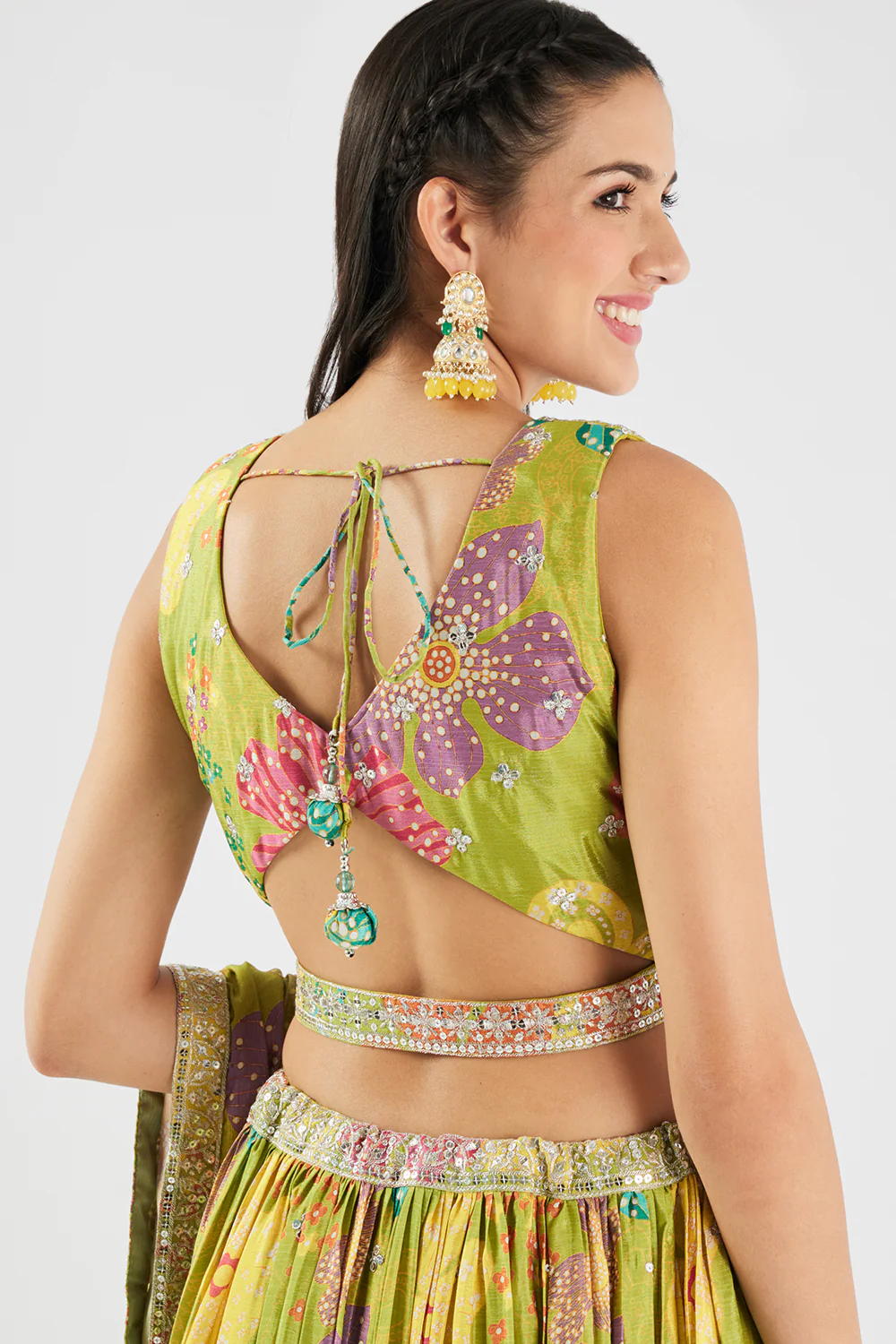 Neerus Parrot Green Sequence Work Chinon Fabric Ghagra Set - Image 6