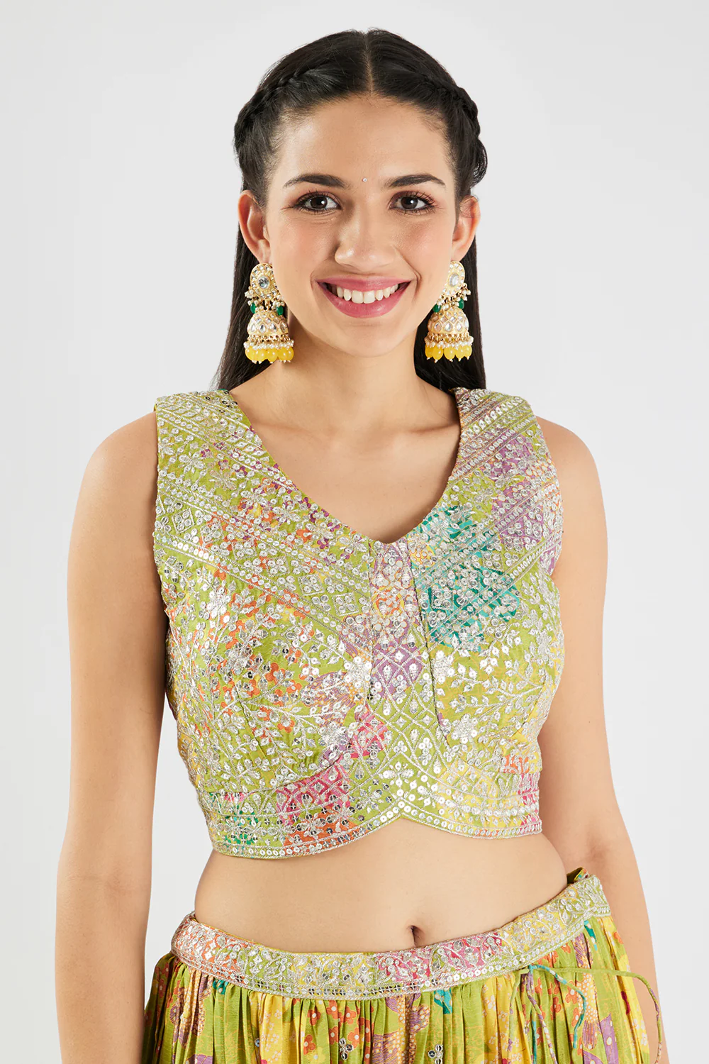 Neerus Parrot Green Sequence Work Chinon Fabric Ghagra Set - Image 7