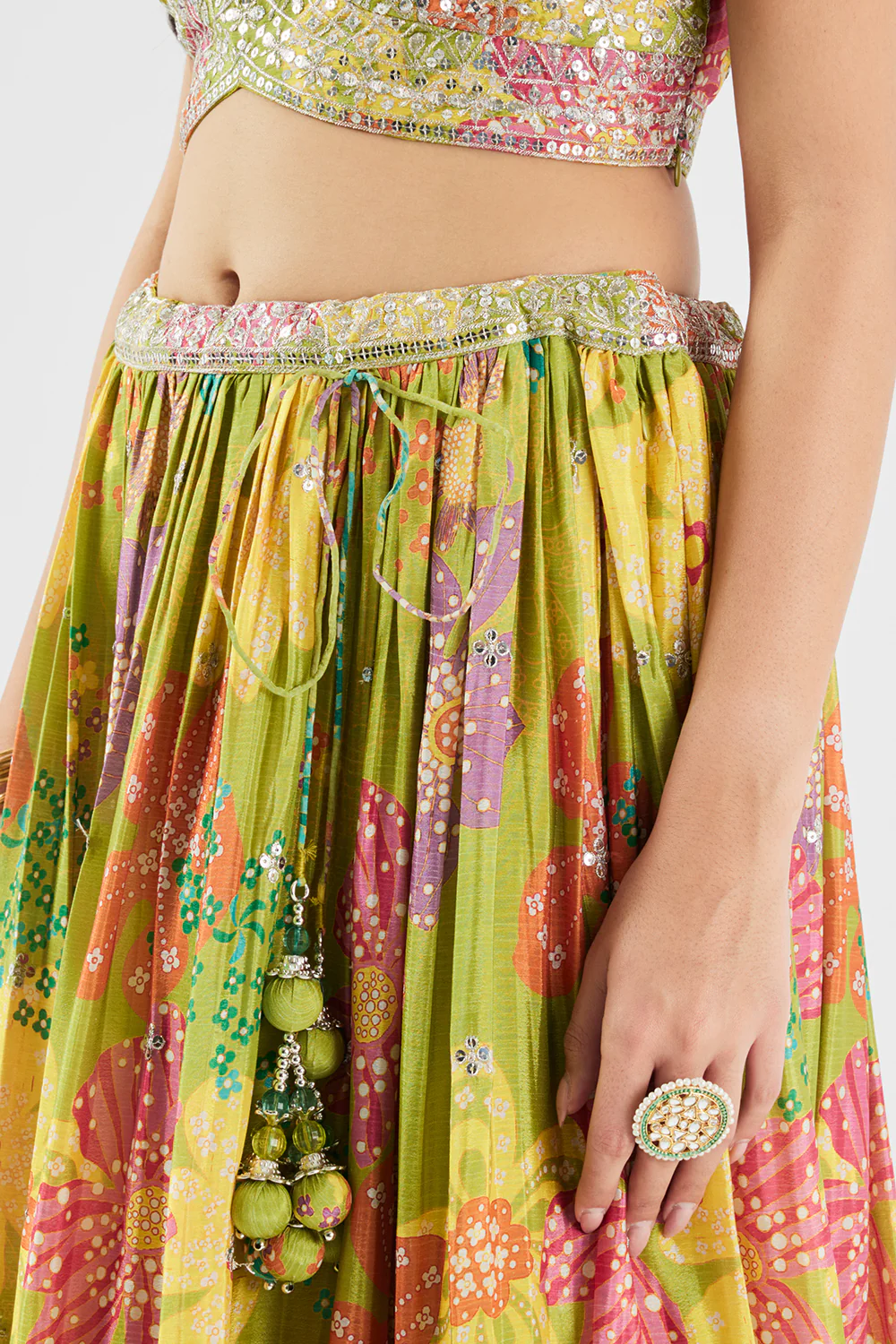 Neerus Parrot Green Sequence Work Chinon Fabric Ghagra Set - Image 8