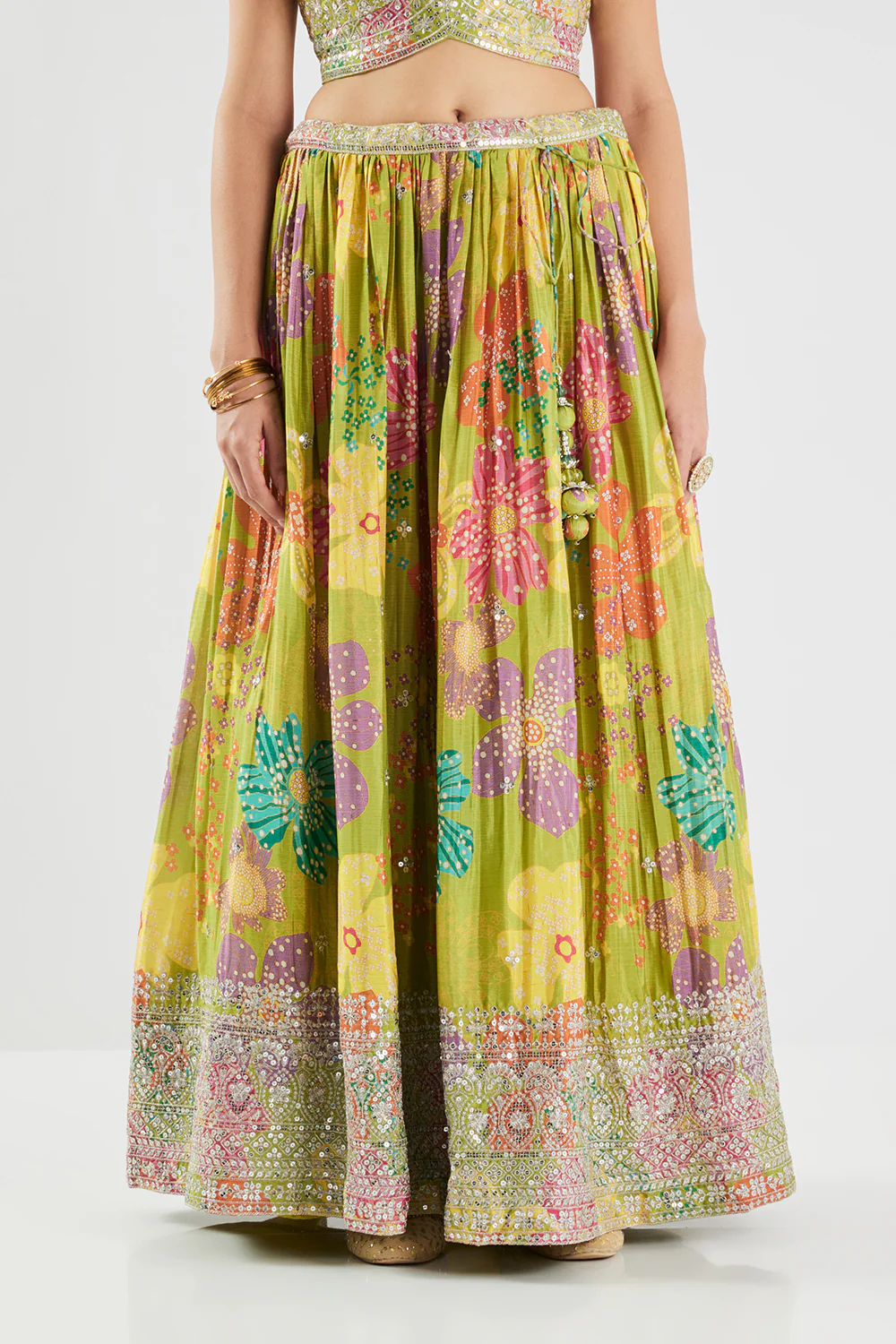 Neerus Parrot Green Sequence Work Chinon Fabric Ghagra Set - Image 9