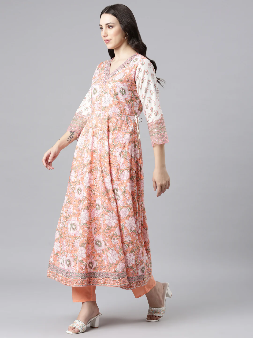 Neerus Peach Anarkali Kurta and Trousers With Dupatta - Image 2
