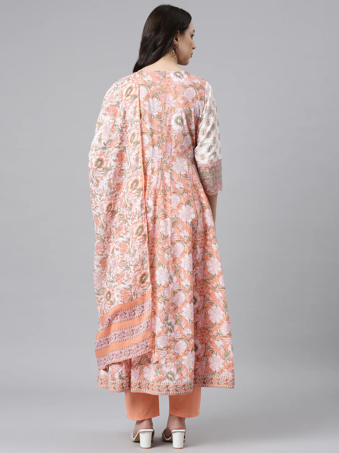 Neerus Peach Anarkali Kurta and Trousers With Dupatta - Image 3