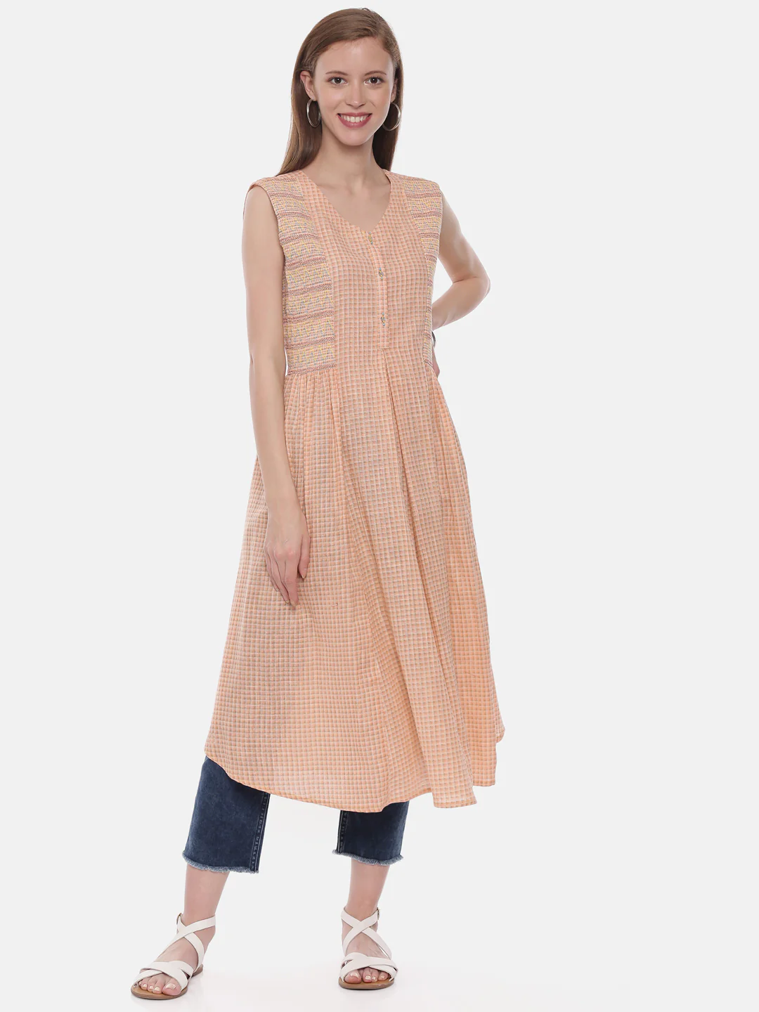 Neerus Peach Check Flared Kurta