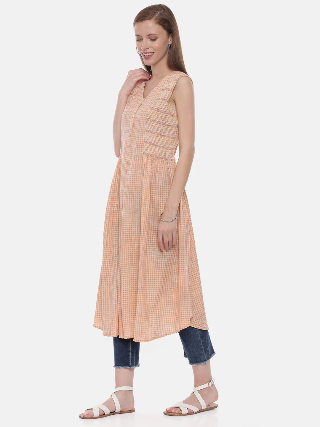 Neerus Peach Check Flared Kurta - Image 3