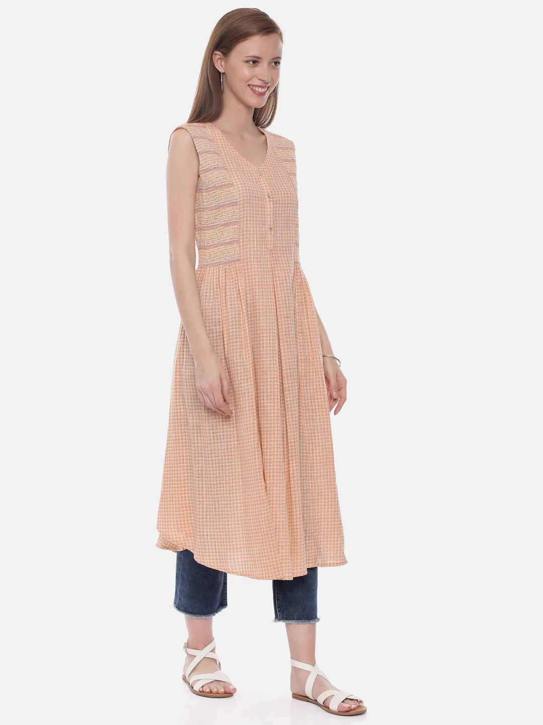 Neerus Peach Check Flared Kurta - Image 4