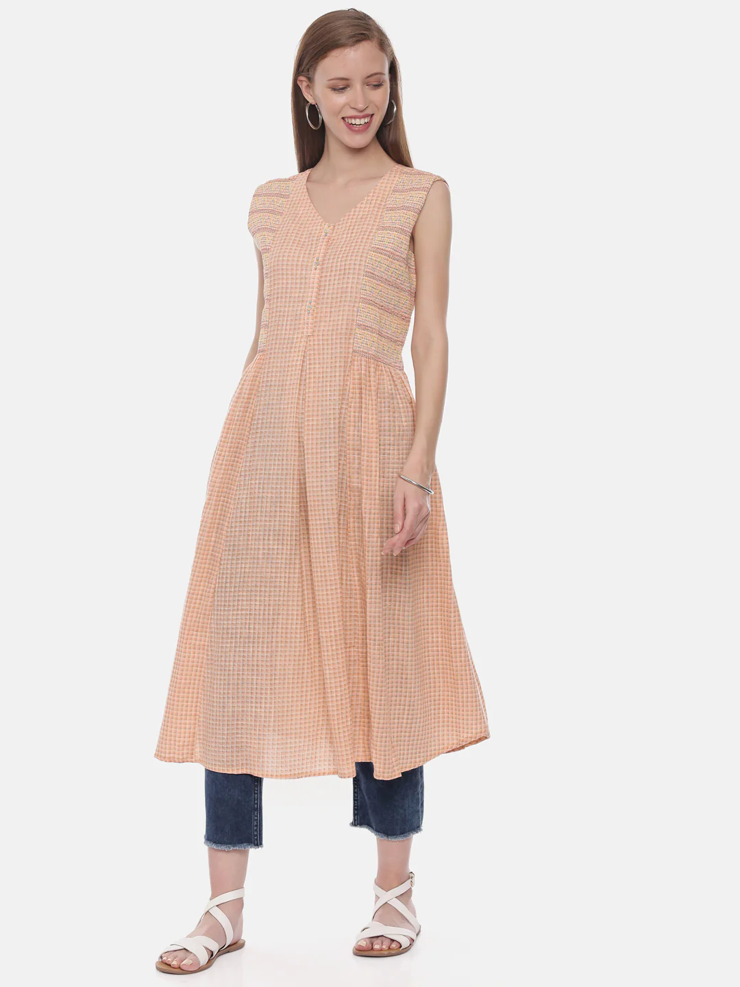 Neerus Peach Check Flared Kurta - Image 6