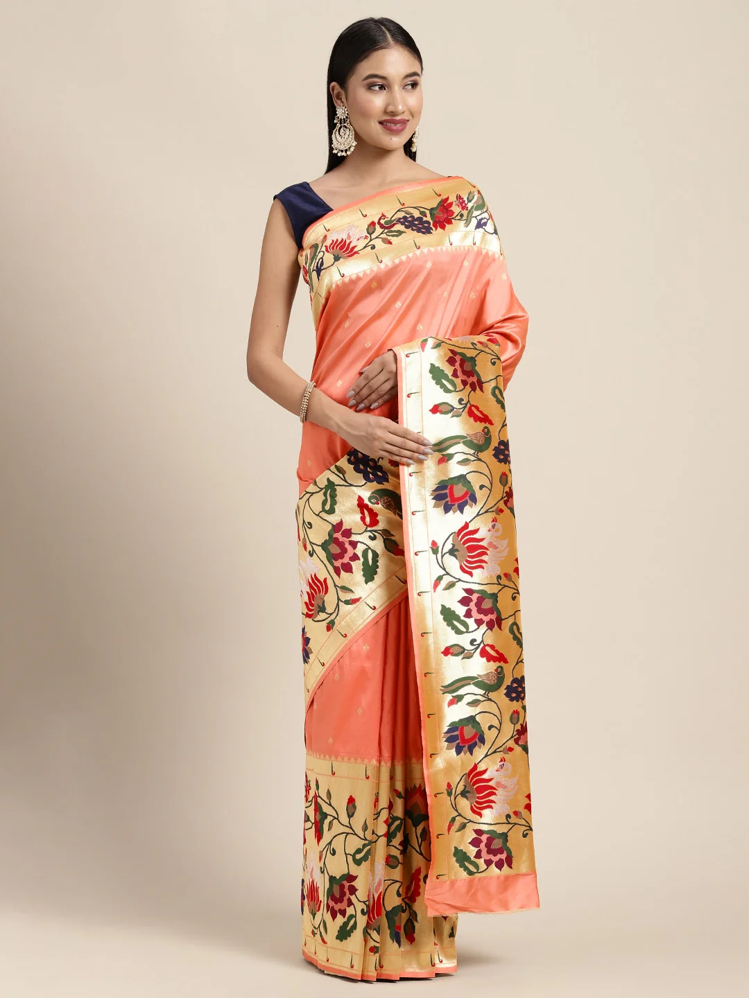 Neerus Peach Color Banaras Fabric Saree