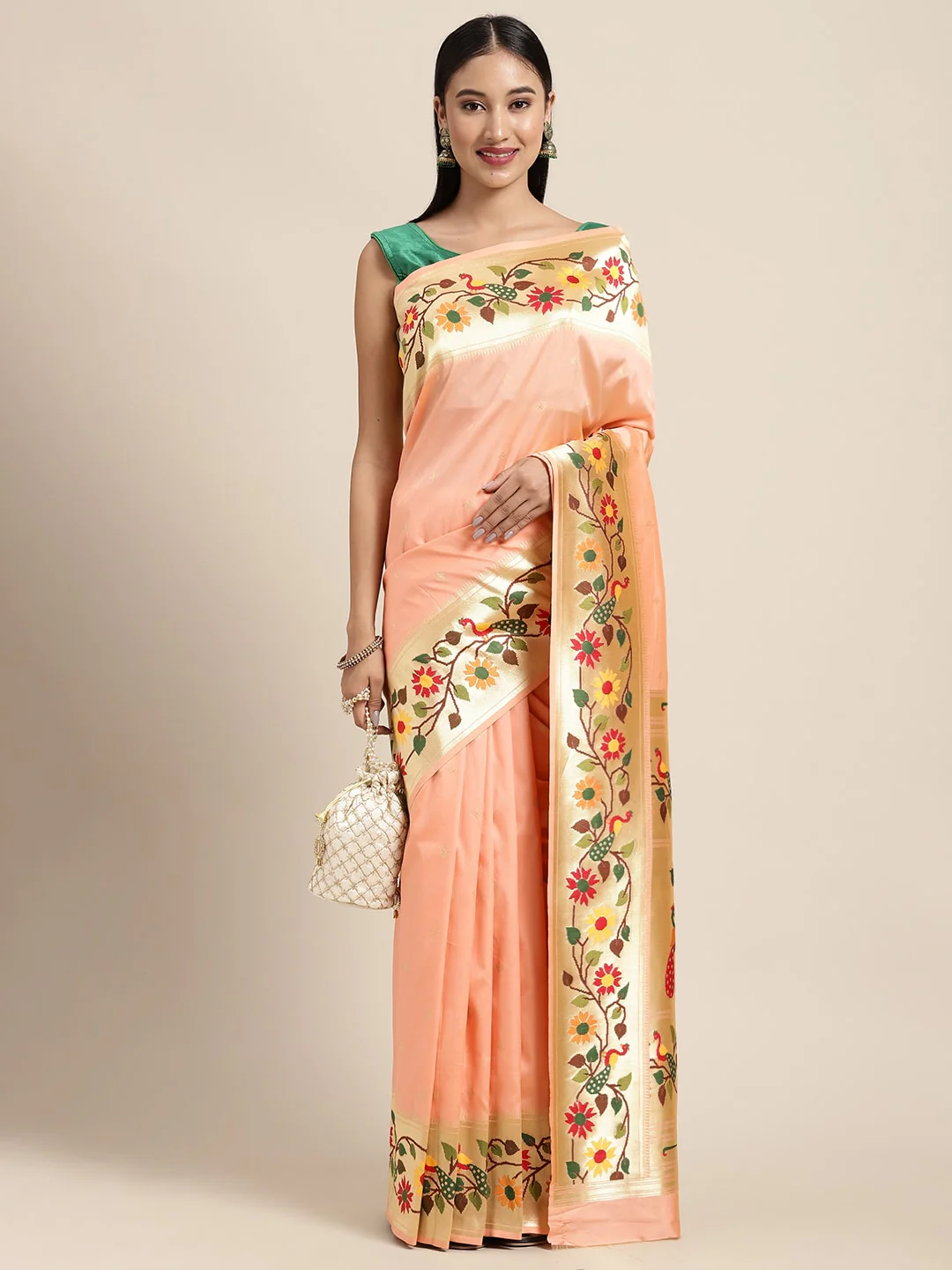 Neerus Peach Color Banaras Fabric Saree