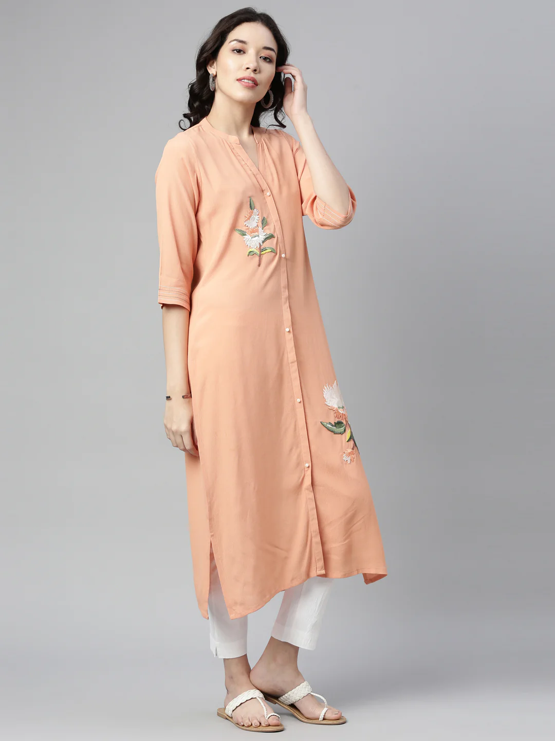 Neerus Peach Color Chiffon Fabric Kurta