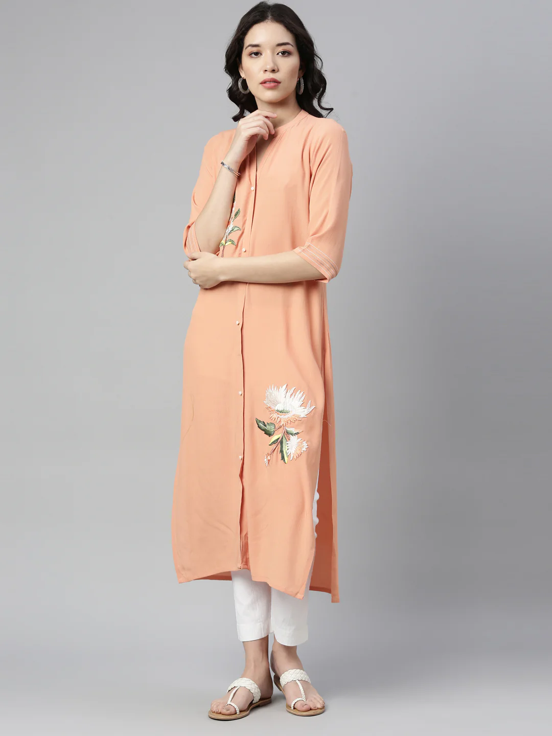 Neerus Peach Color Chiffon Fabric Kurta - Image 7