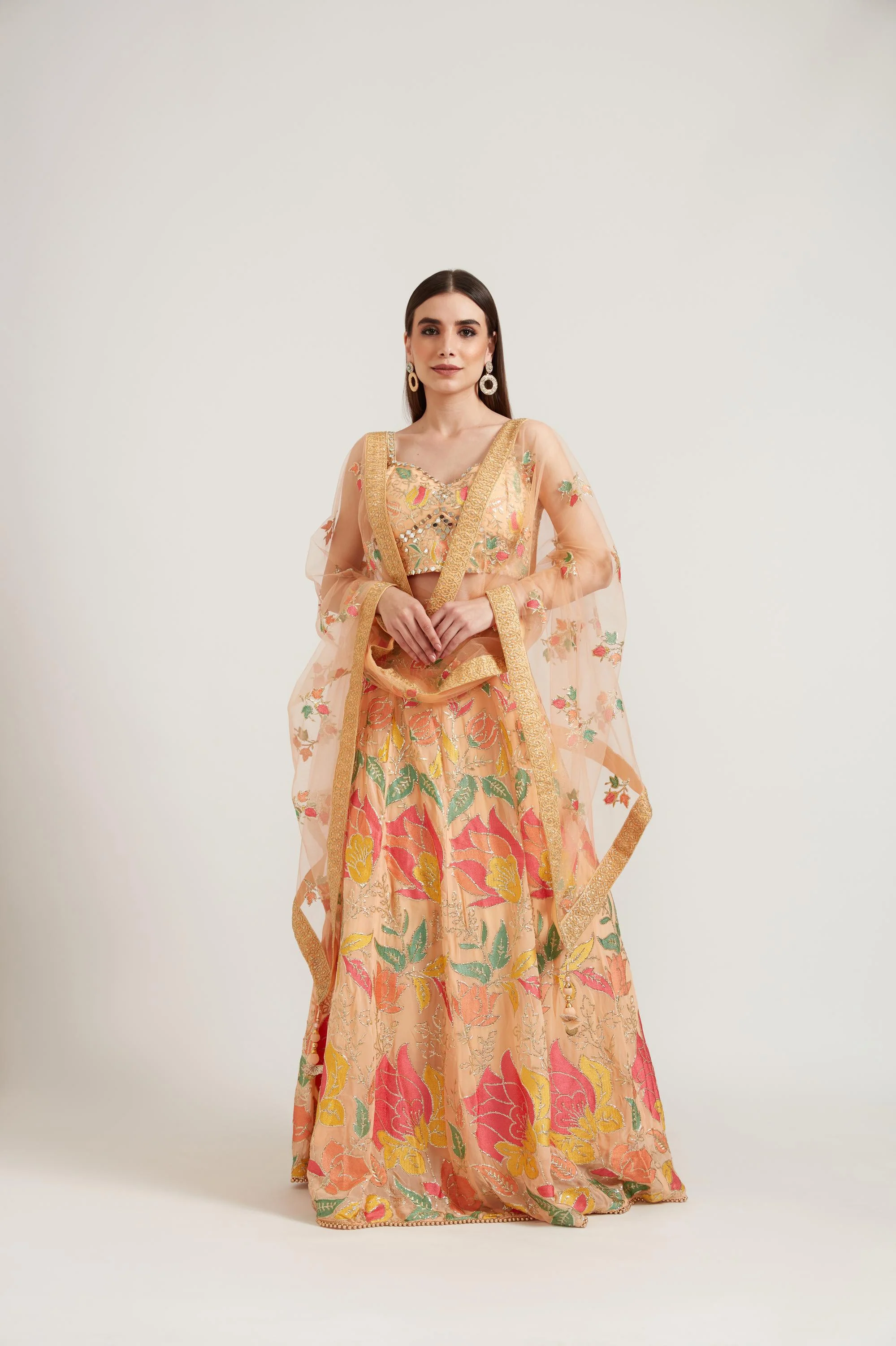 Neerus Peach Color Georgette Fabric Ghagra Set