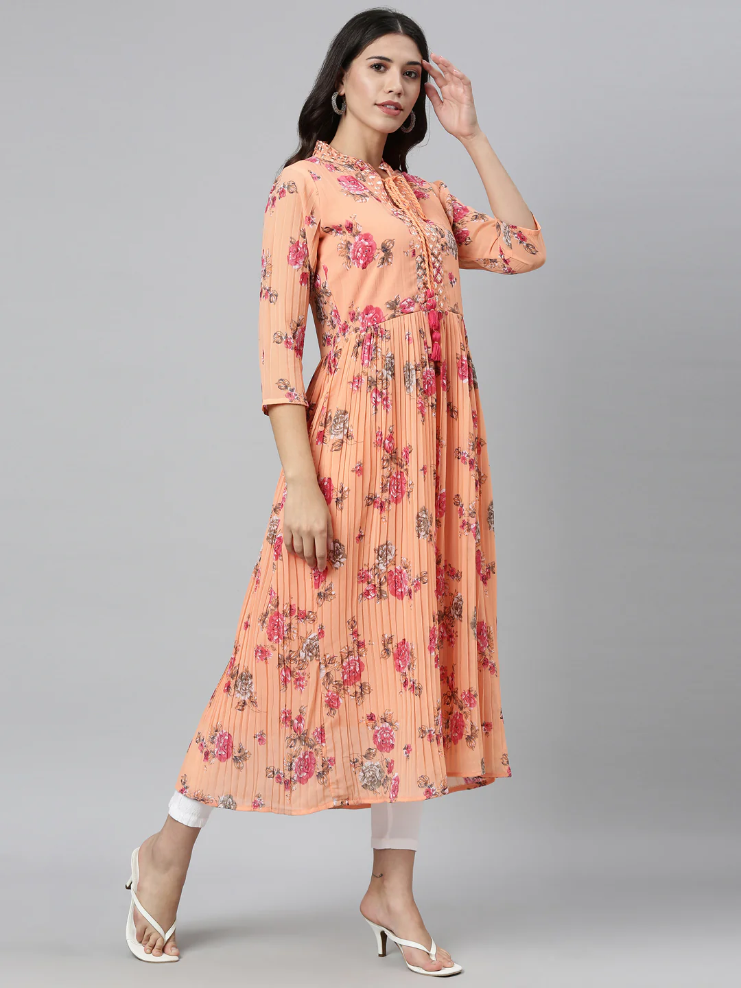 Neerus Peach Color Georgette Fabric Kurta
