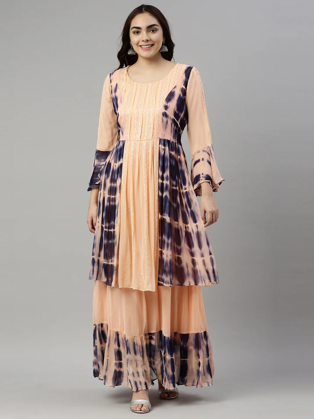 Neerus Peach Color Georgette Fabric Kurta