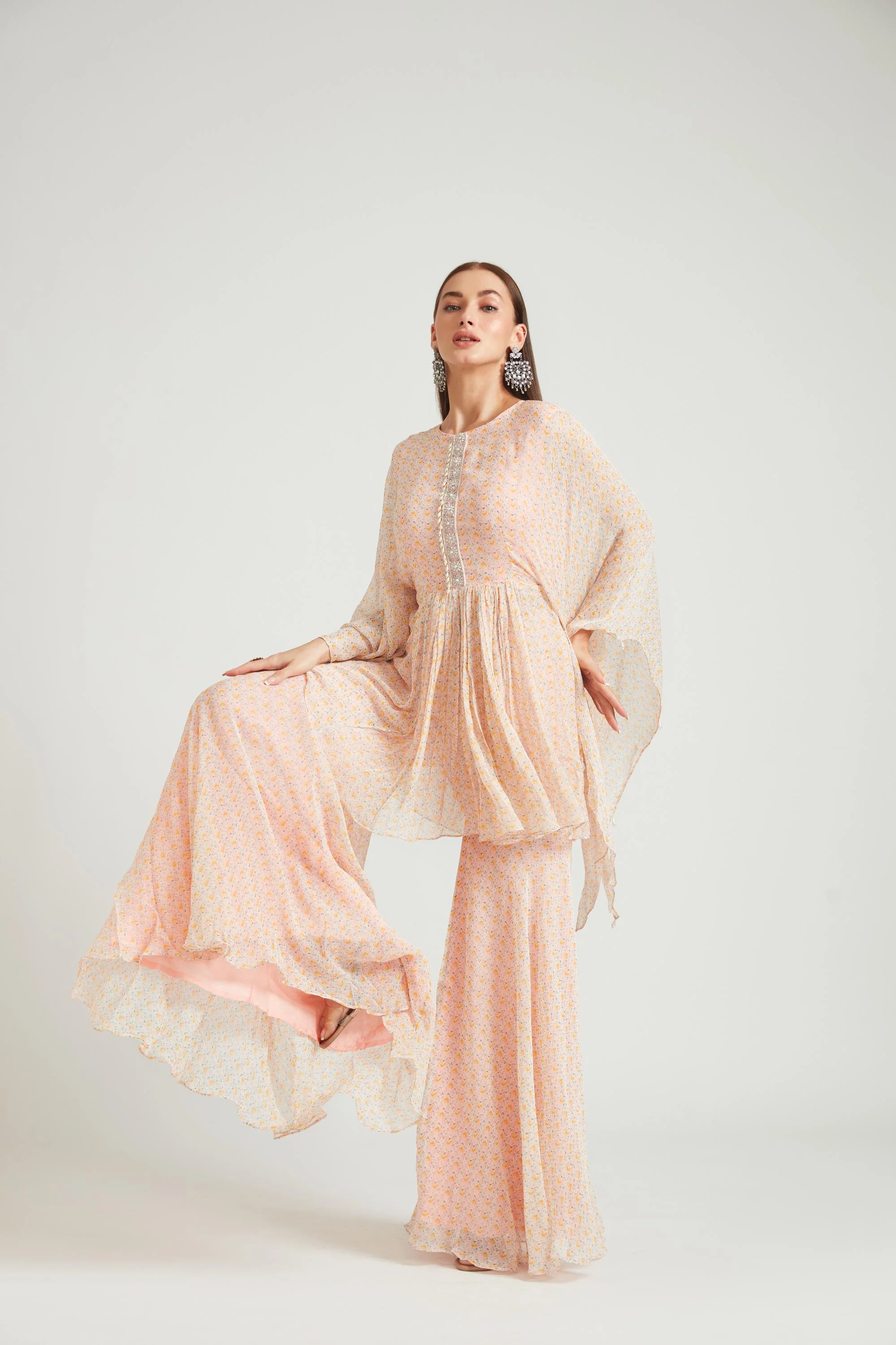 Neerus Peach Color Georgette Fabric Kurta Set