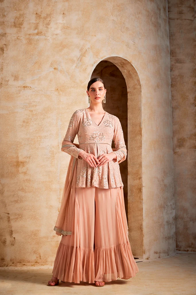 Neerus Peach Color Georgette Fabric Suit Set