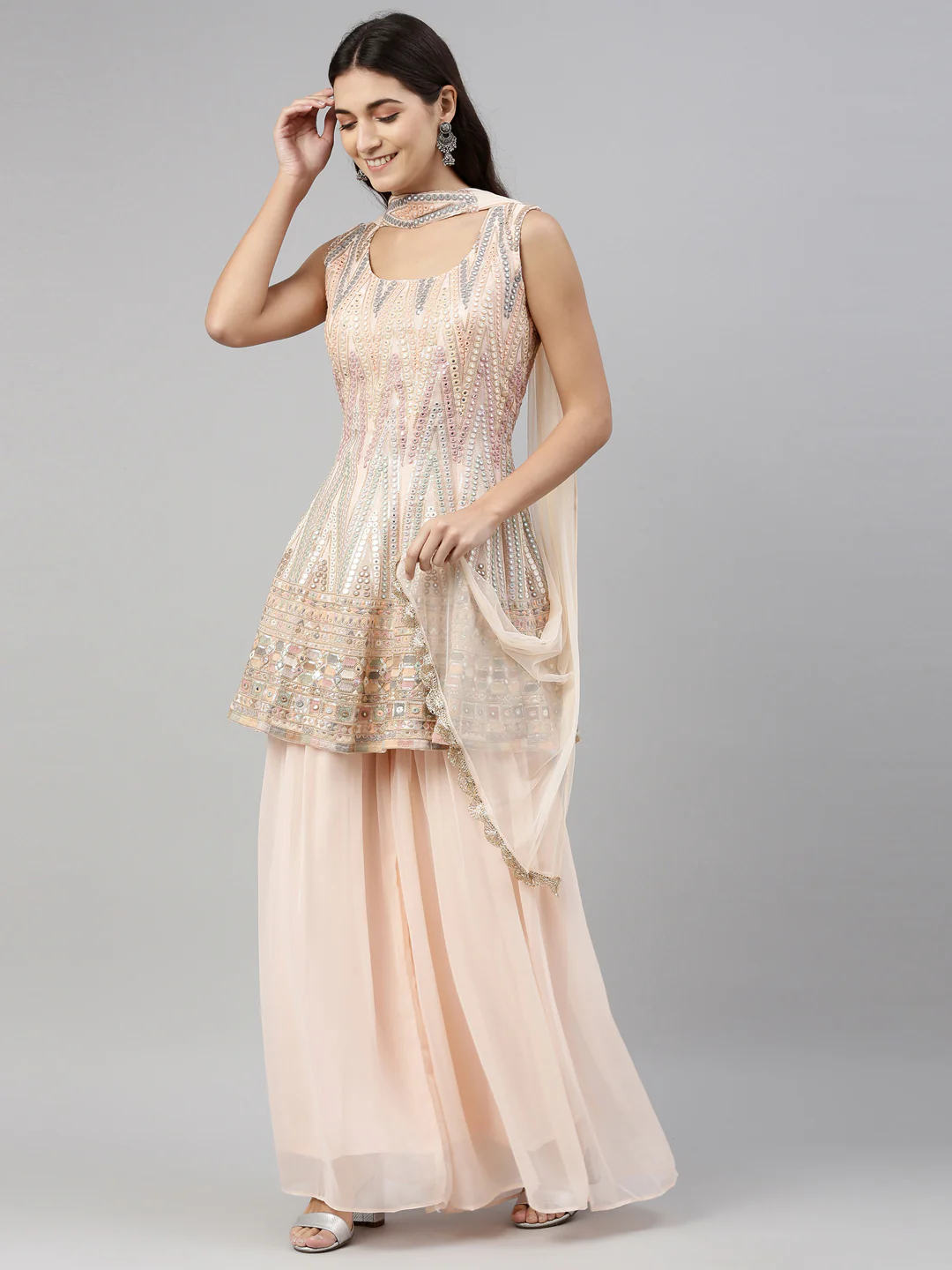 Neerus Peach Color Georgette Fabric Suit-Short Anarkali - Image 6
