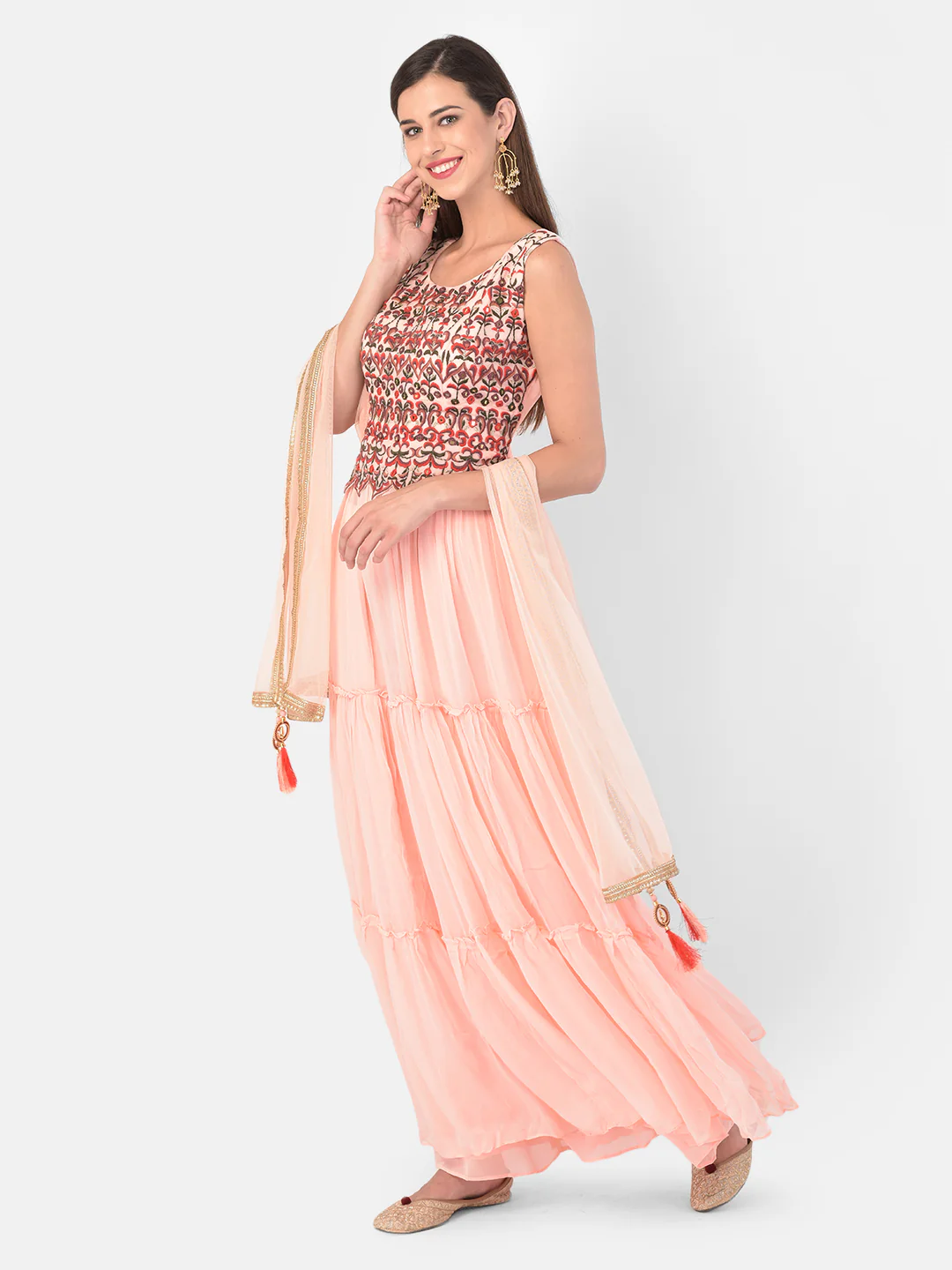 Neerus Peach Color Georgette Fabric Suit-Skirts