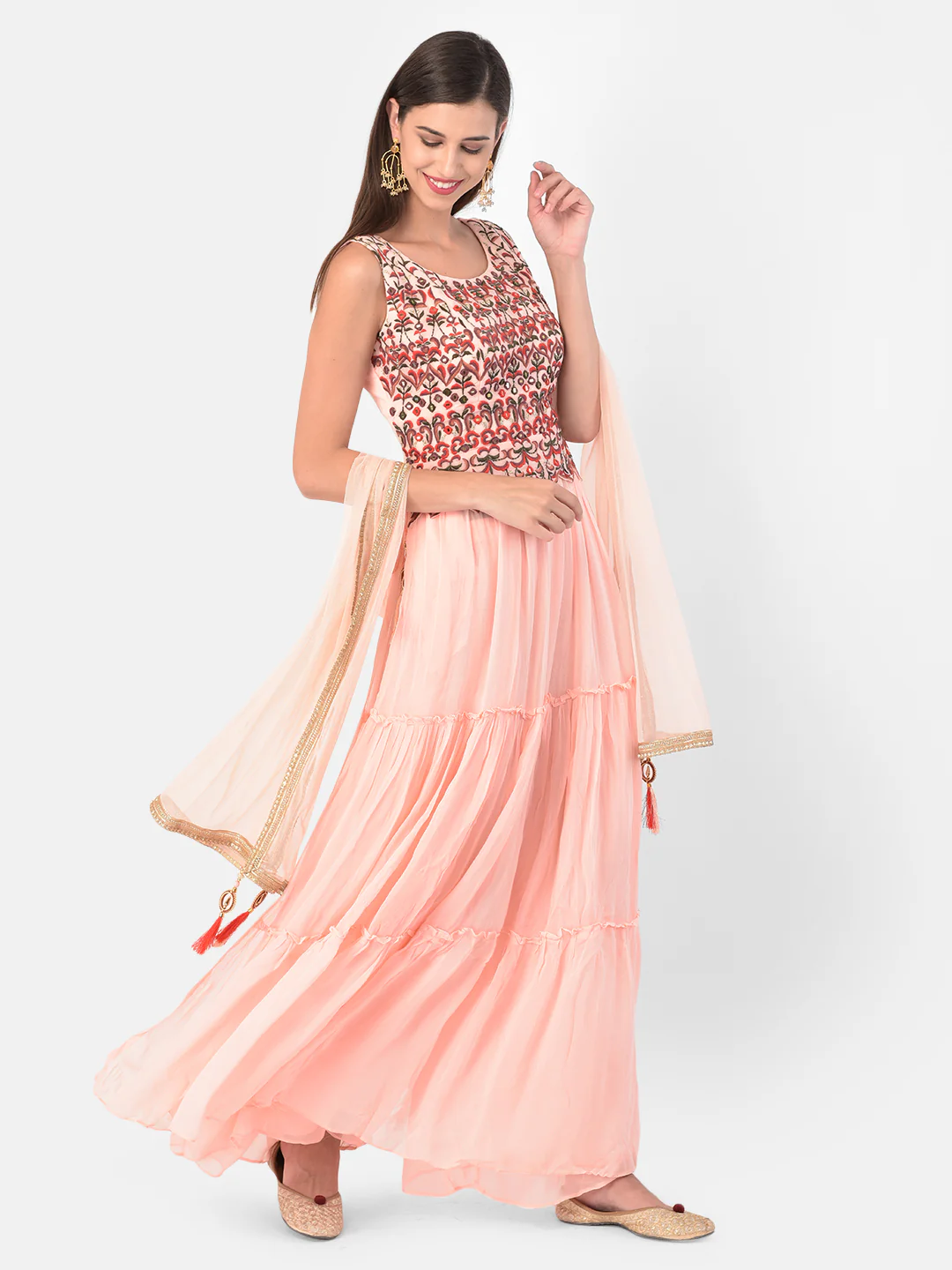 Neerus Peach Color Georgette Fabric Suit-Skirts - Image 2