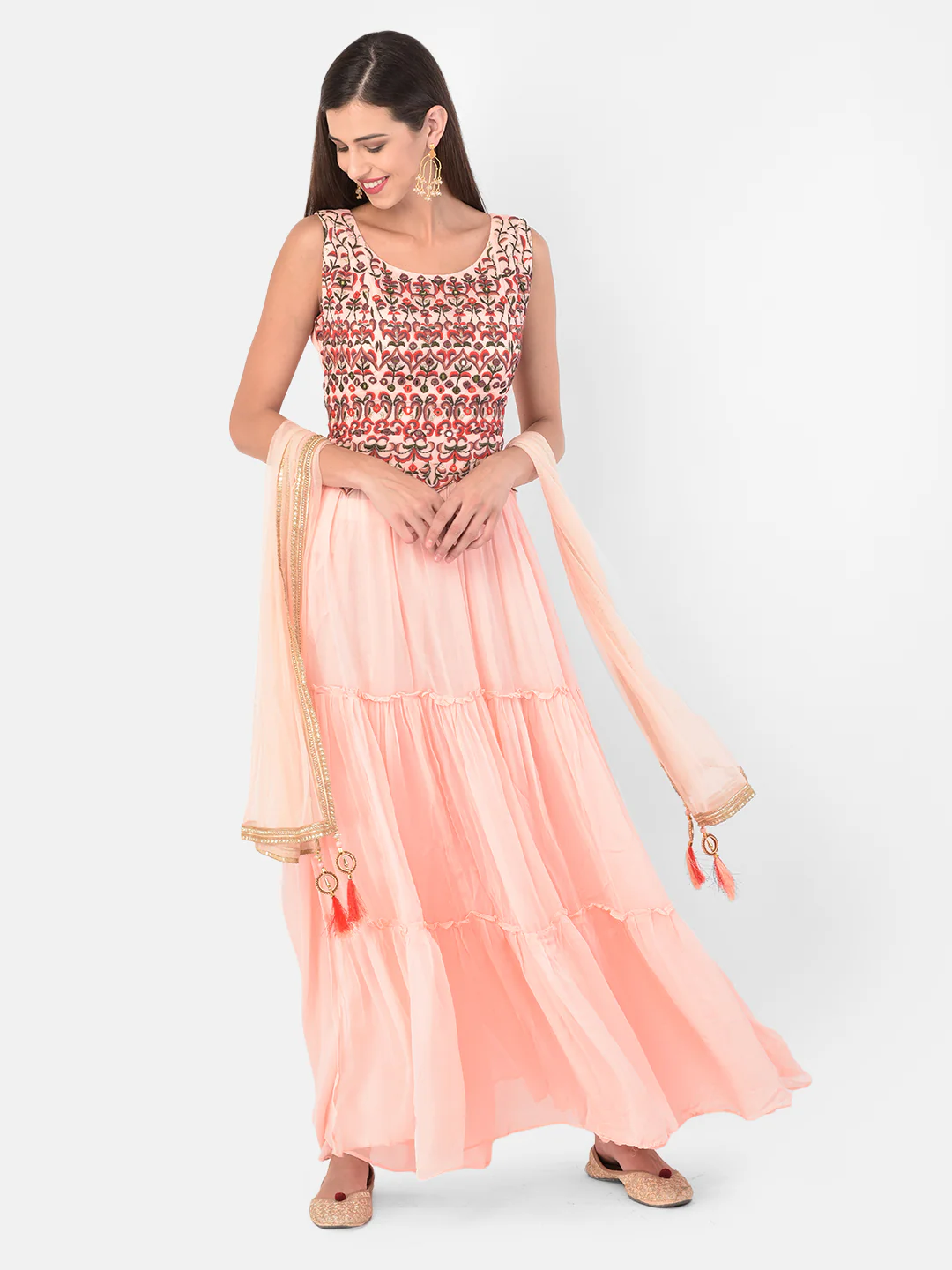 Neerus Peach Color Georgette Fabric Suit-Skirts - Image 9