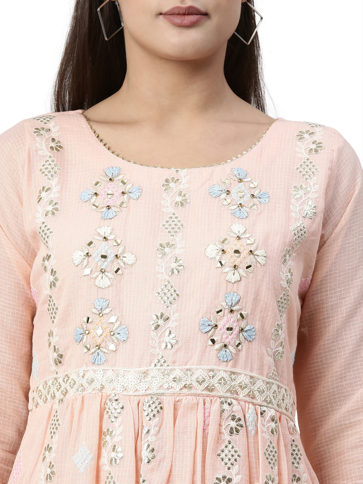 Neerus Peach Color Kota Fabric Kurta - Image 2