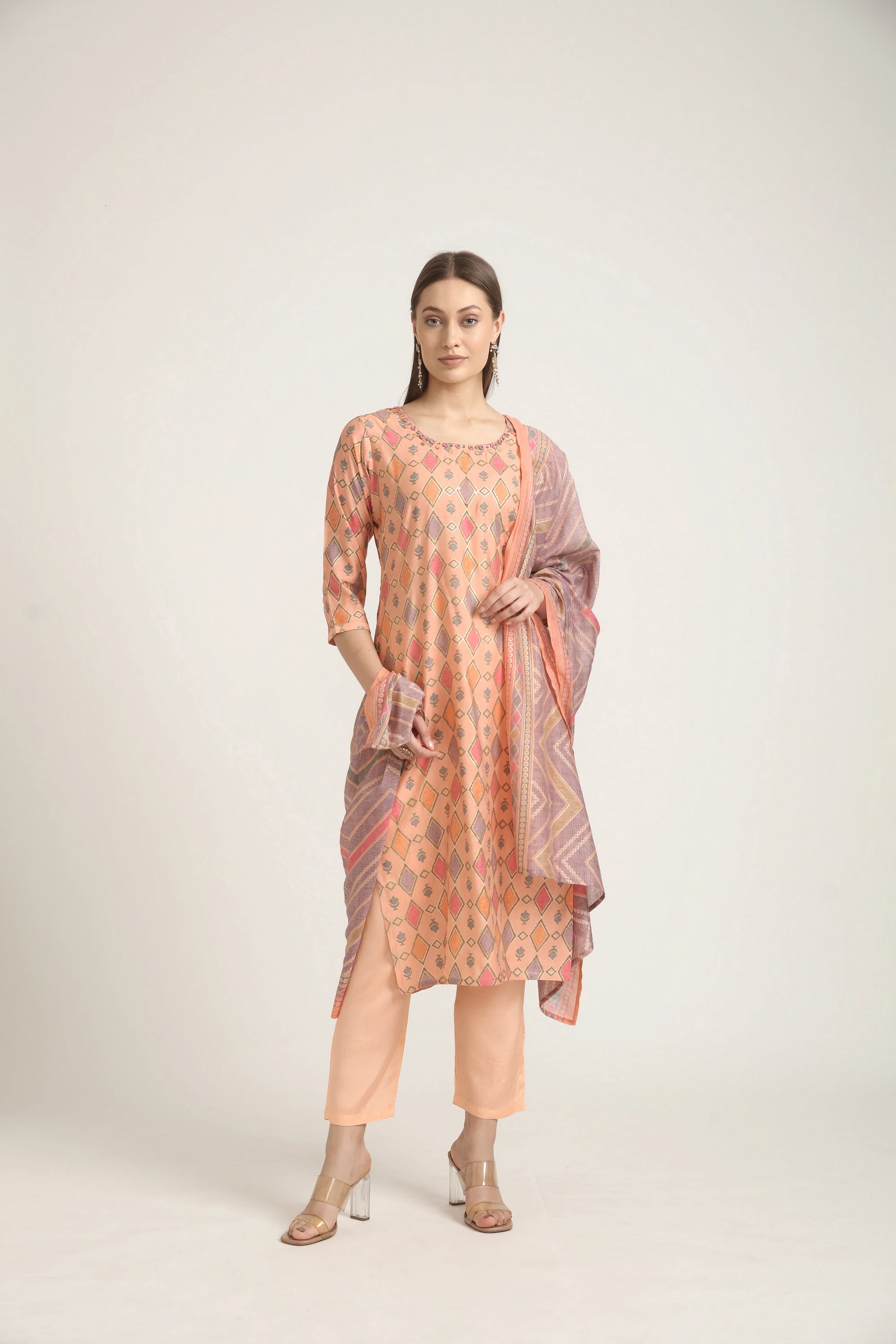 Neerus Peach Color Model Fabric Salwar Kameez