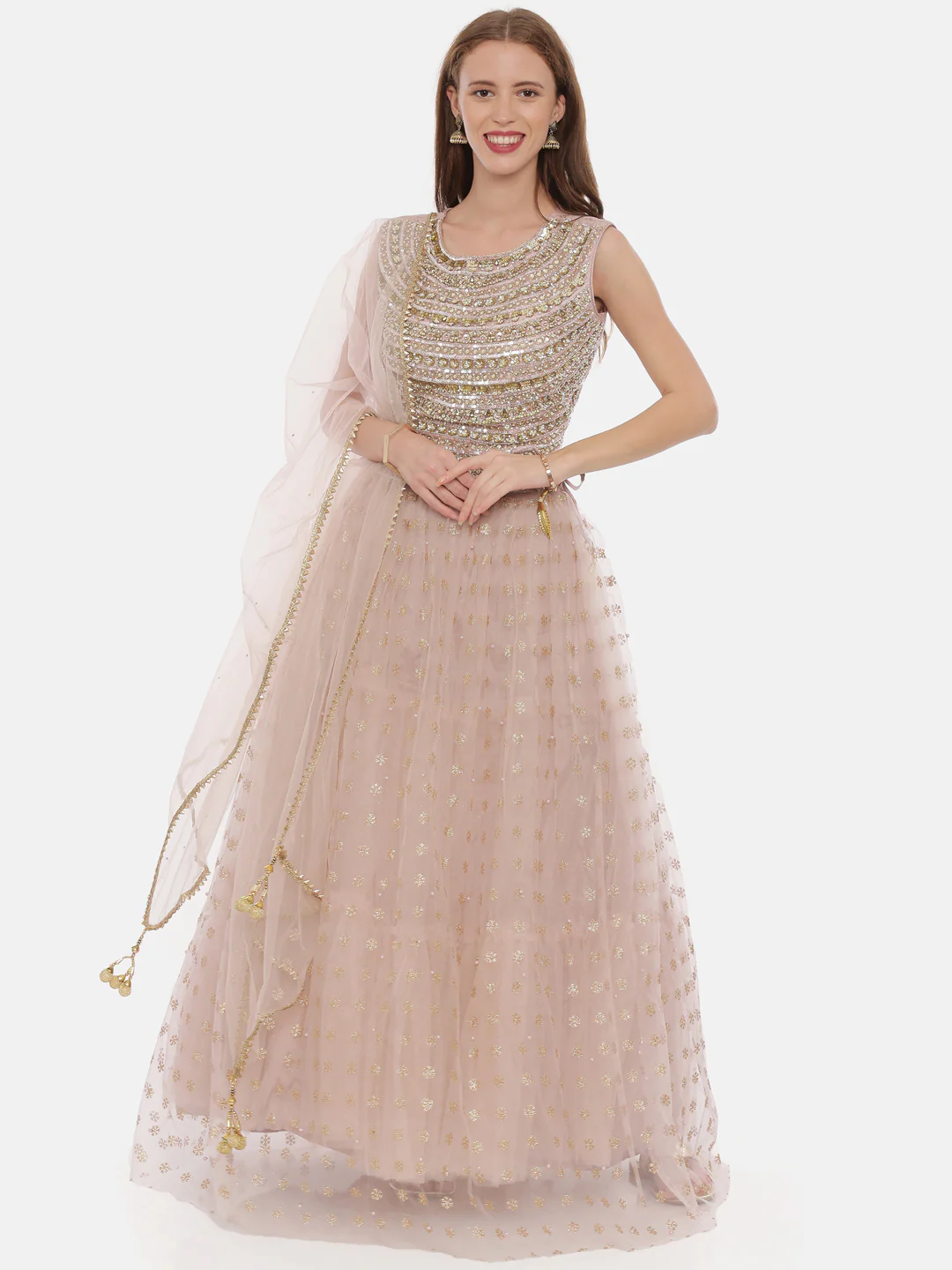 Neerus Peach Color Nett Fabric Ghagra Set