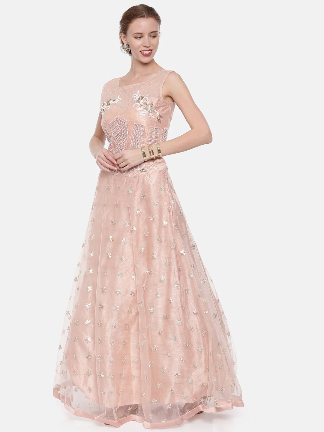 Neerus Peach Color Nett Fabric Ghagra Set - Image 4