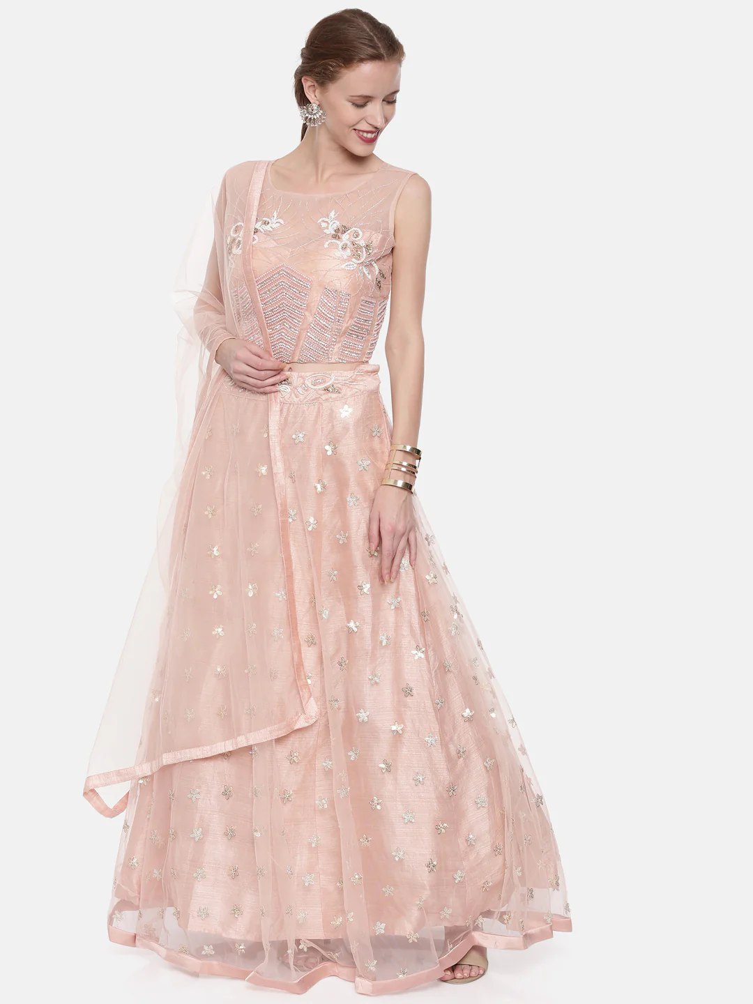 Neerus Peach Color Nett Fabric Ghagra Set - Image 7