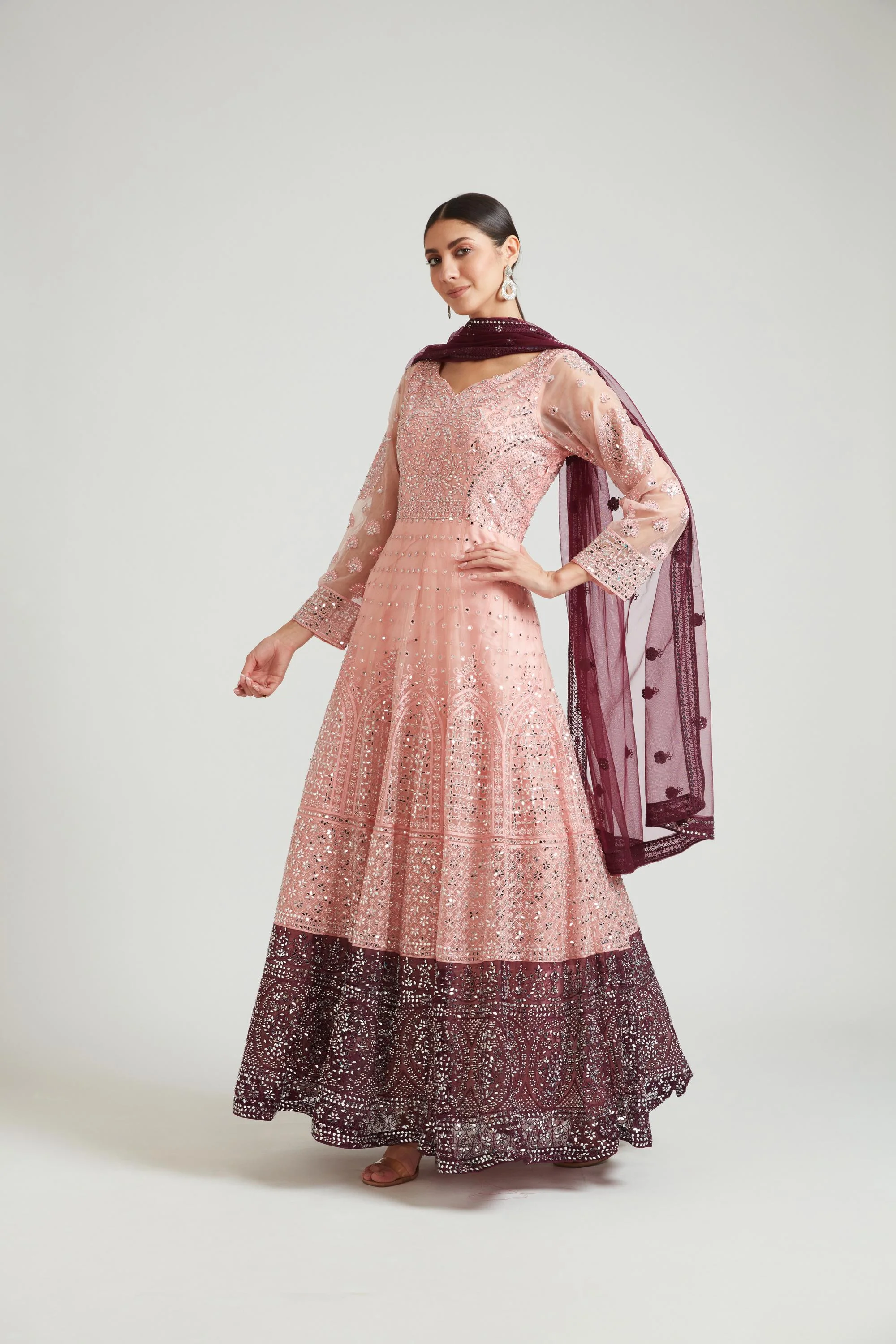 Neerus Peach Color Nett Fabric Dress