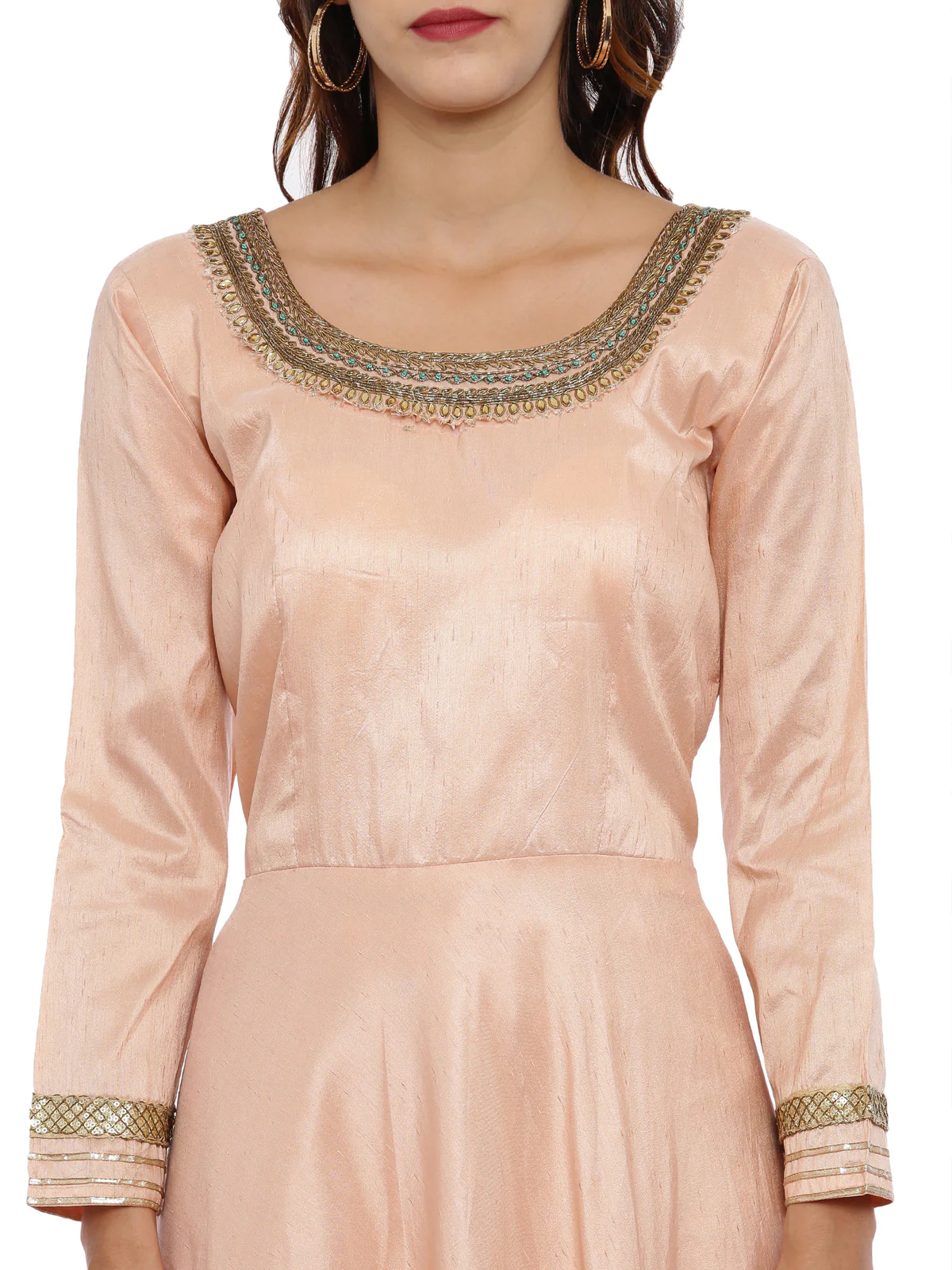Neerus Peach Color Raw Silk Fabric Full Sleeves Suit-Anarkali - Image 2