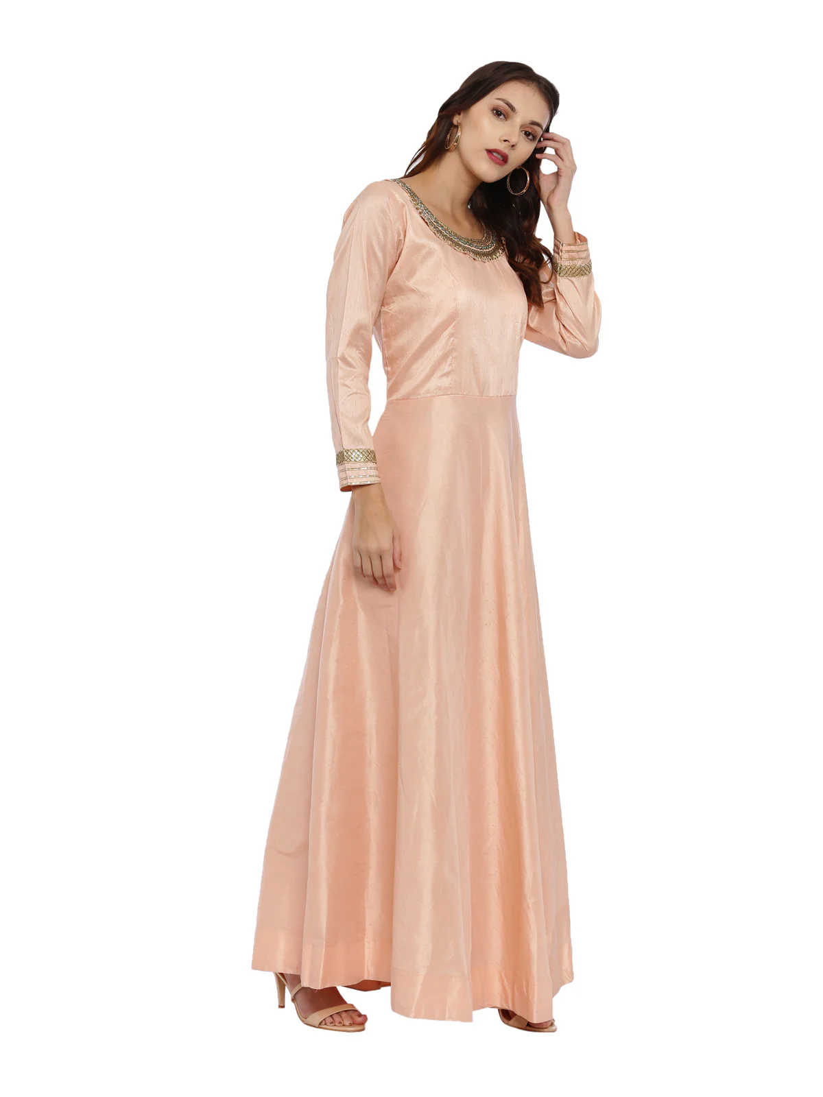 Neerus Peach Color Raw Silk Fabric Full Sleeves Suit-Anarkali - Image 3