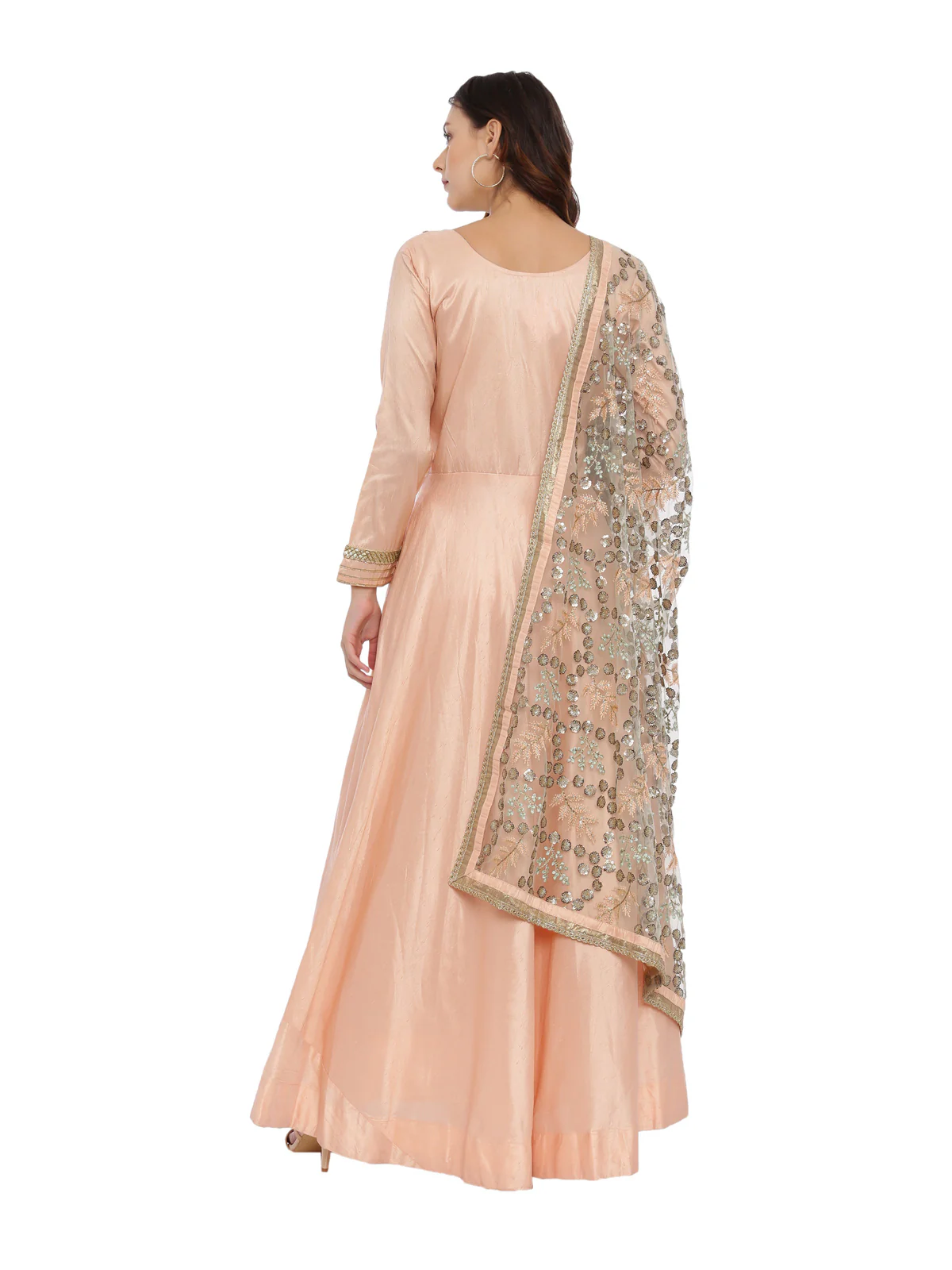 Neerus Peach Color Raw Silk Fabric Full Sleeves Suit-Anarkali - Image 4
