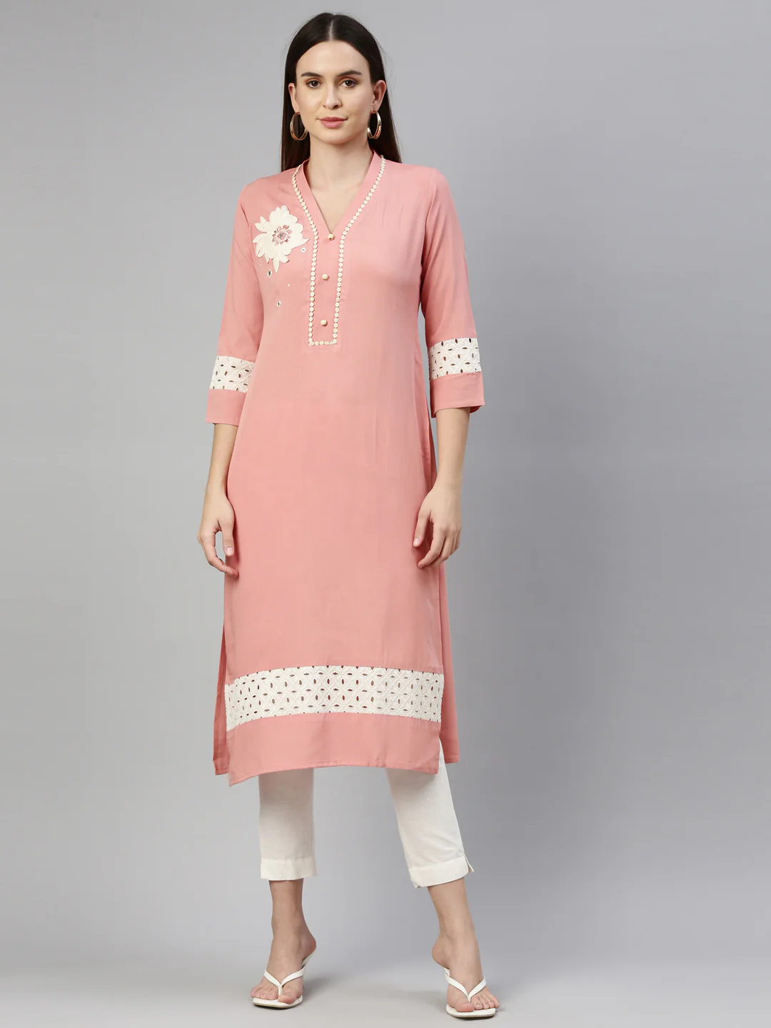 Neerus Peach Color Rayon Fabric Kurta - Image 10