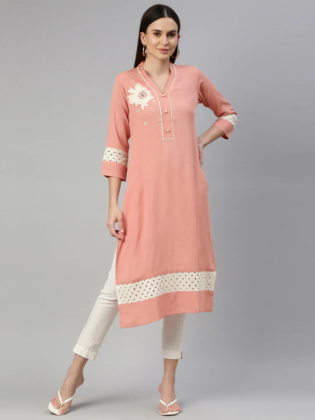 Neerus Peach Color Rayon Fabric Kurta - Image 6