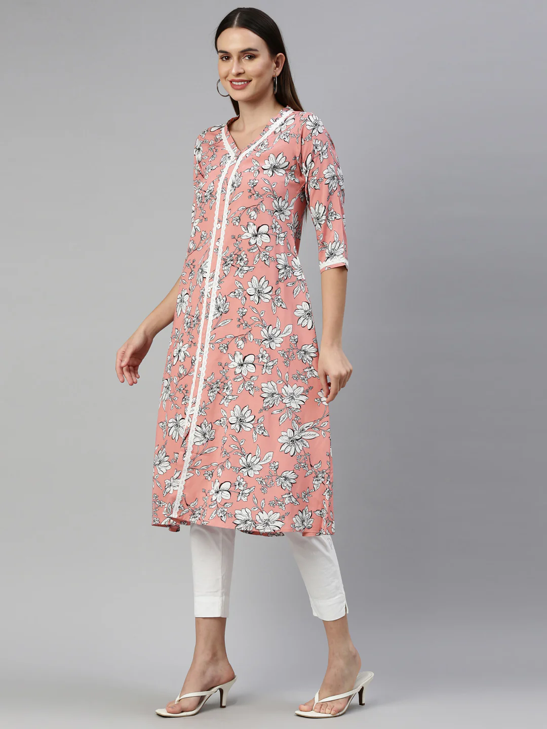 Neerus Peach Color Rayon Fabric Kurta - Image 3
