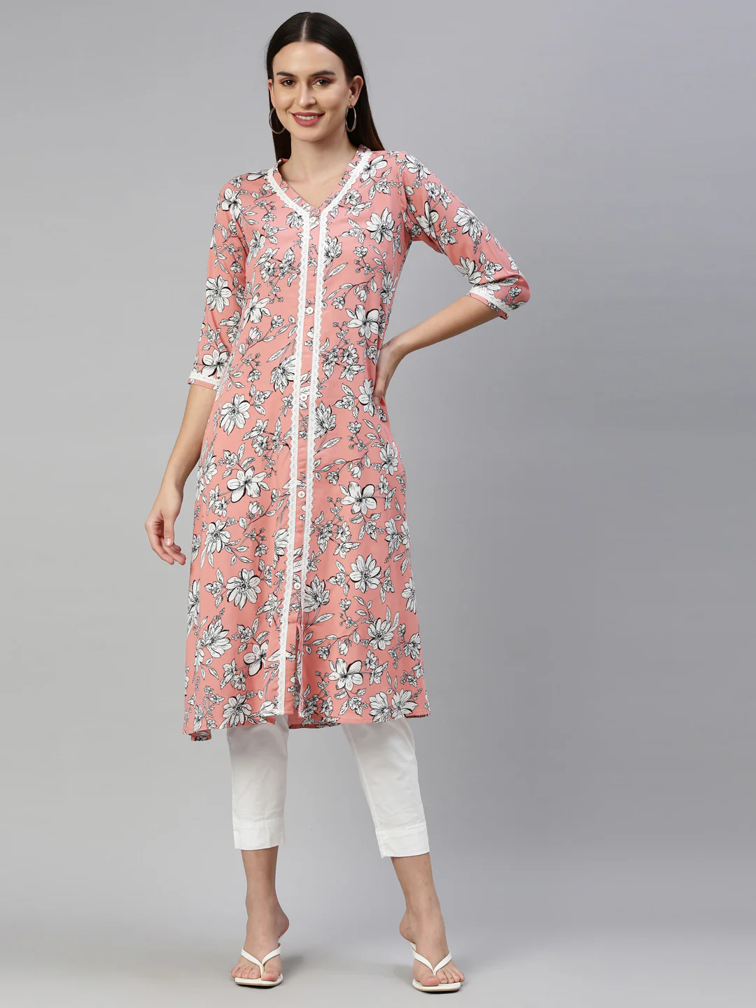 Neerus Peach Color Rayon Fabric Kurta - Image 9