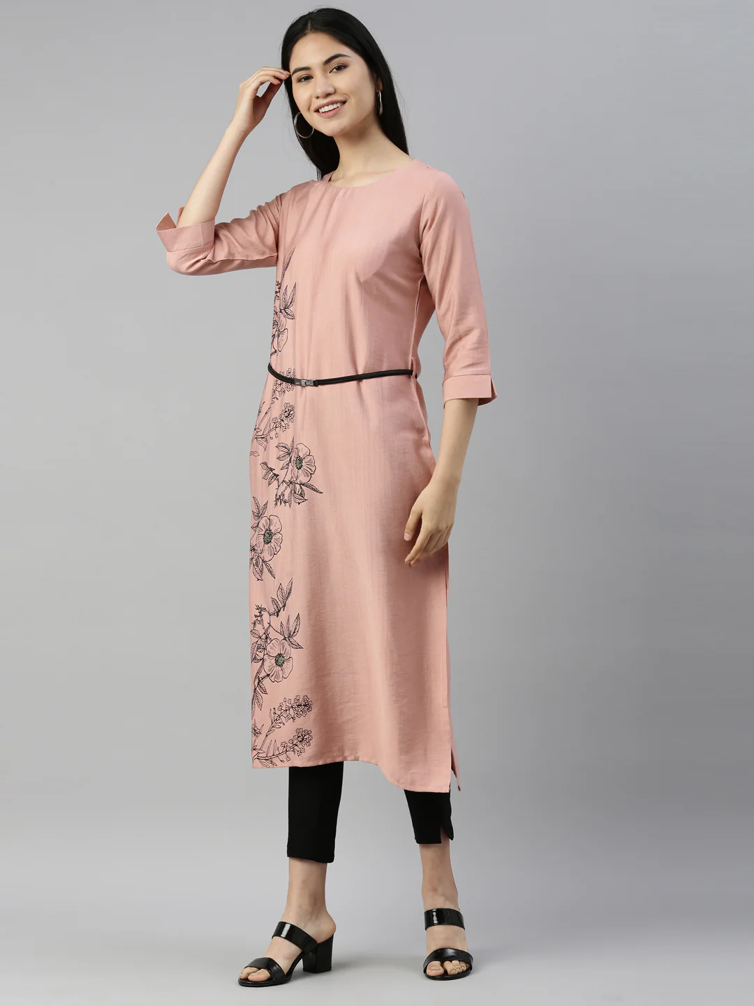 Neerus Peach Color Rayon Fabric Kurta - Image 3