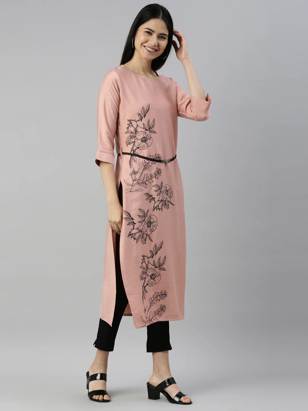 Neerus Peach Color Rayon Fabric Kurta - Image 4