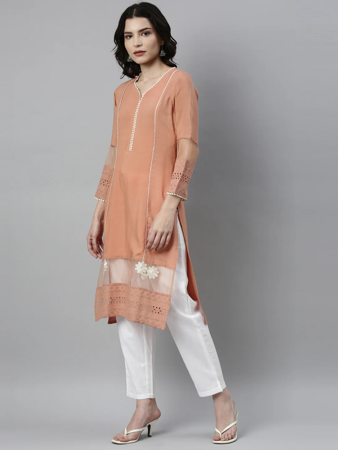 Neerus Peach Color Rayon Fabric Kurta - Image 3