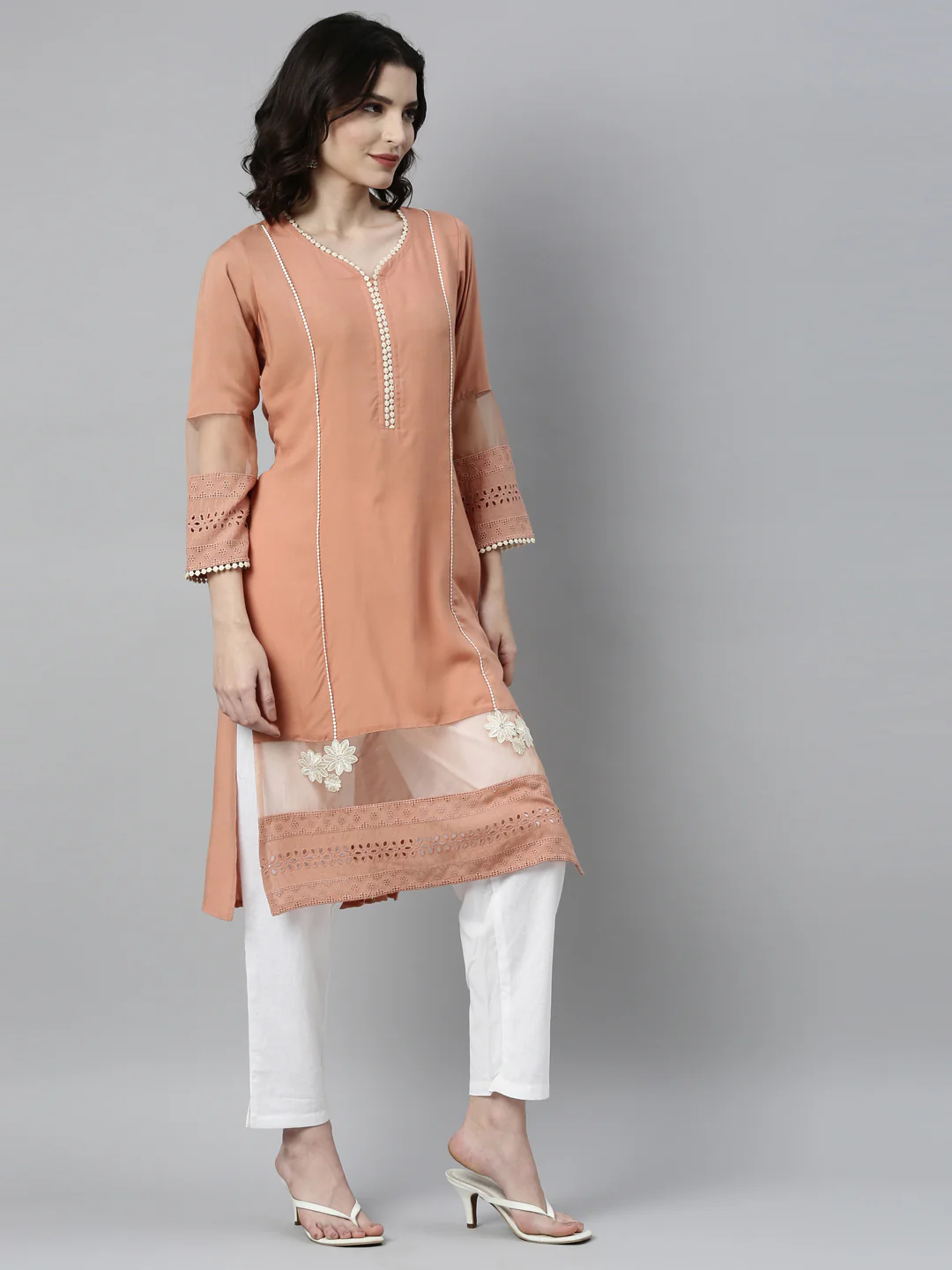 Neerus Peach Color Rayon Fabric Kurta - Image 4