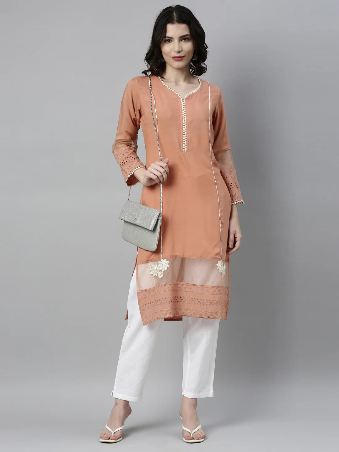 Neerus Peach Color Rayon Fabric Kurta - Image 6
