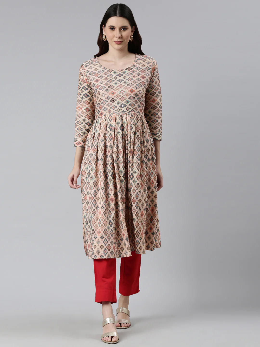 Neerus Peach Color Rayon Fabric Printed Kurta