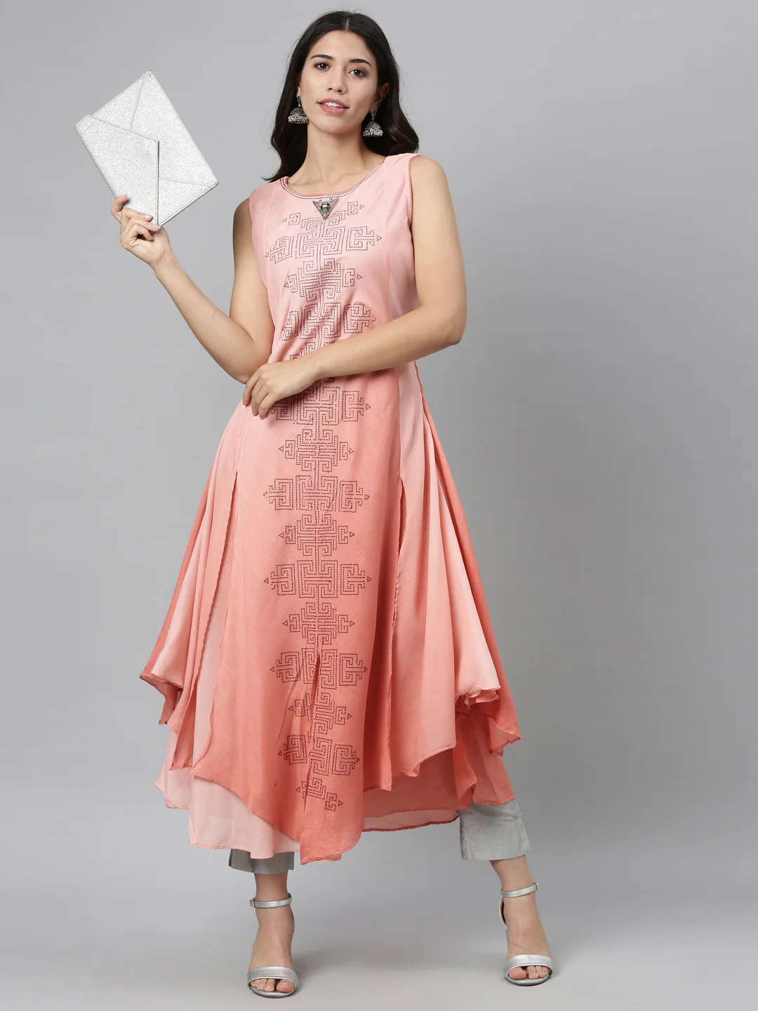 Neerus Peach Color Silk Fabric Kurta - Image 5