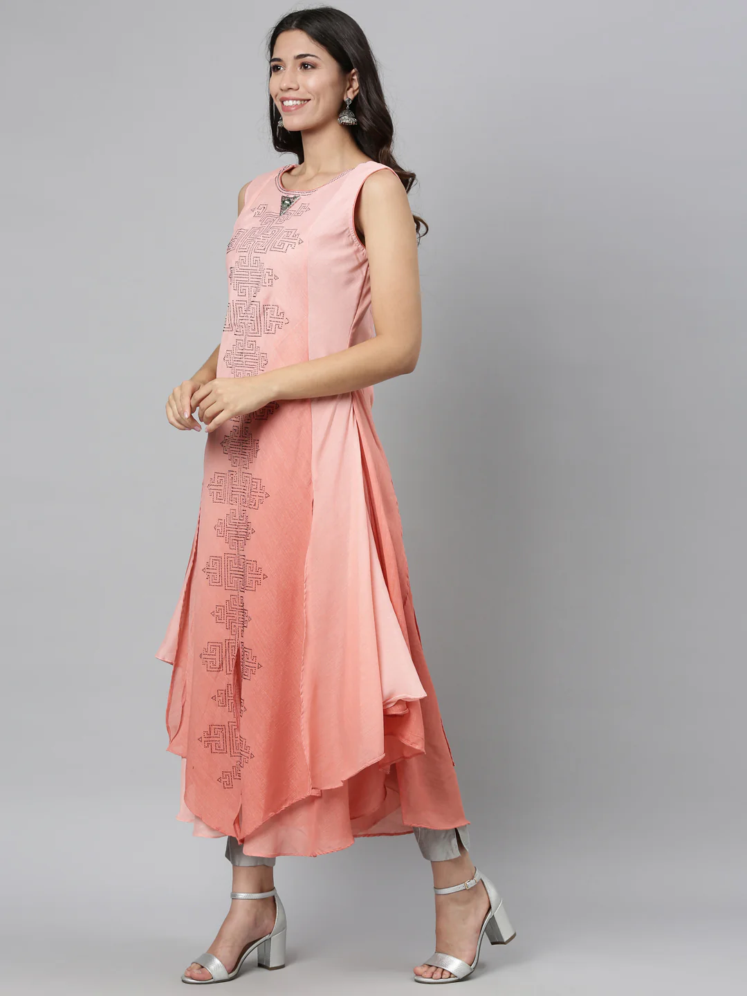 Neerus Peach Color Silk Fabric Kurta - Image 6