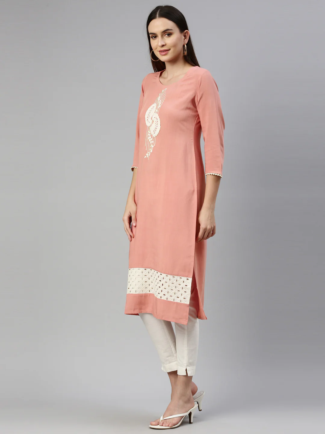 Neerus Peach Color Slub Rayon Fabric Kurta - Image 3