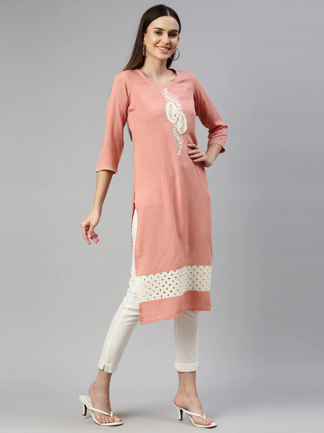 Neerus Peach Color Slub Rayon Fabric Kurta - Image 4