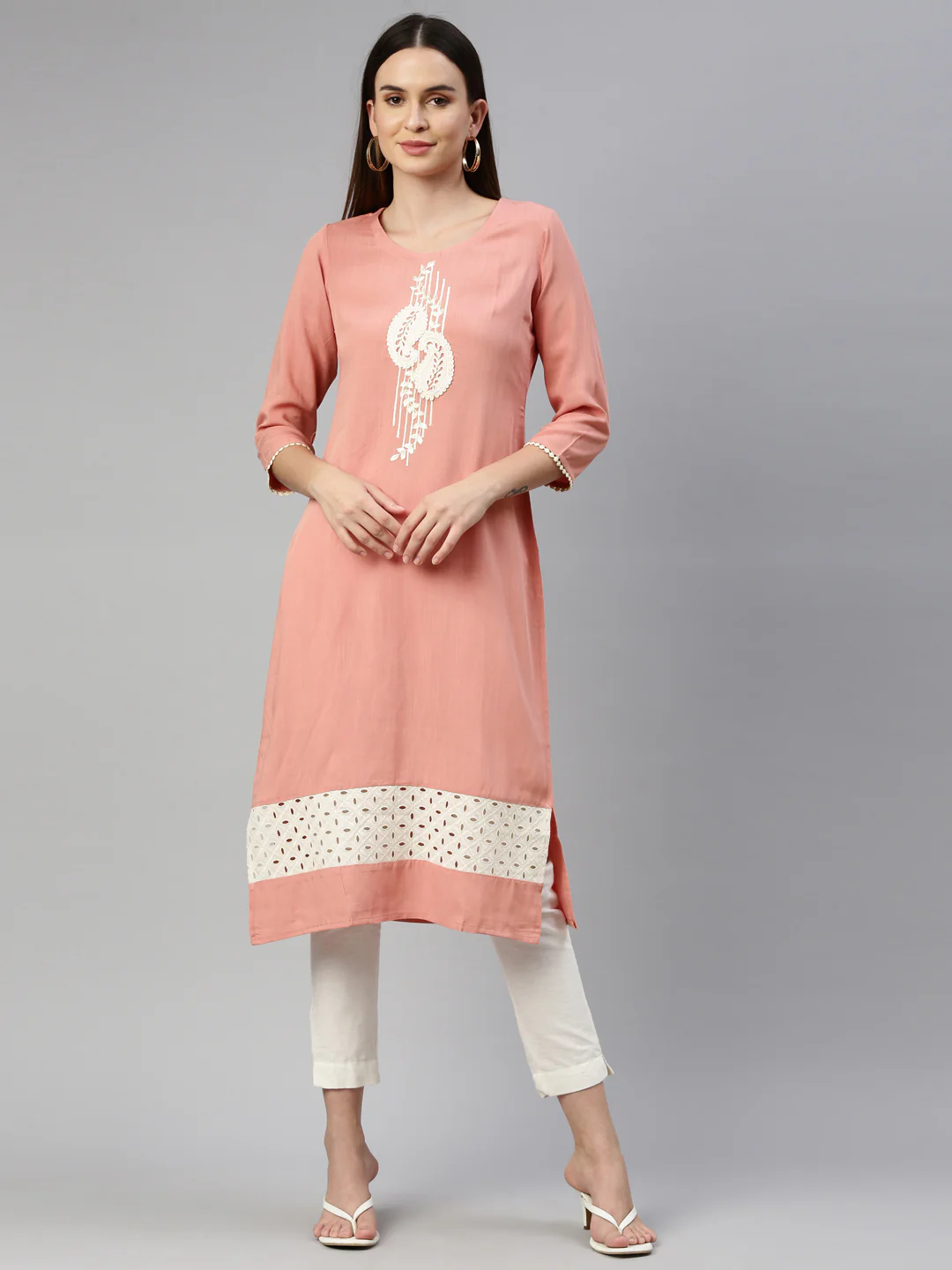 Neerus Peach Color Slub Rayon Fabric Kurta - Image 9