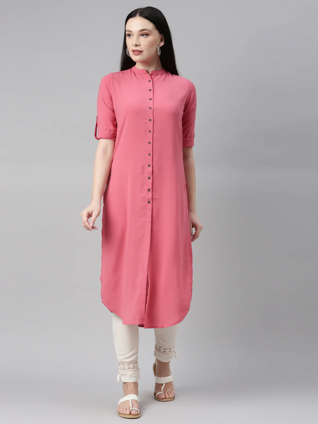 Neerus Peach Color Slub Rayon Fabric Kurta