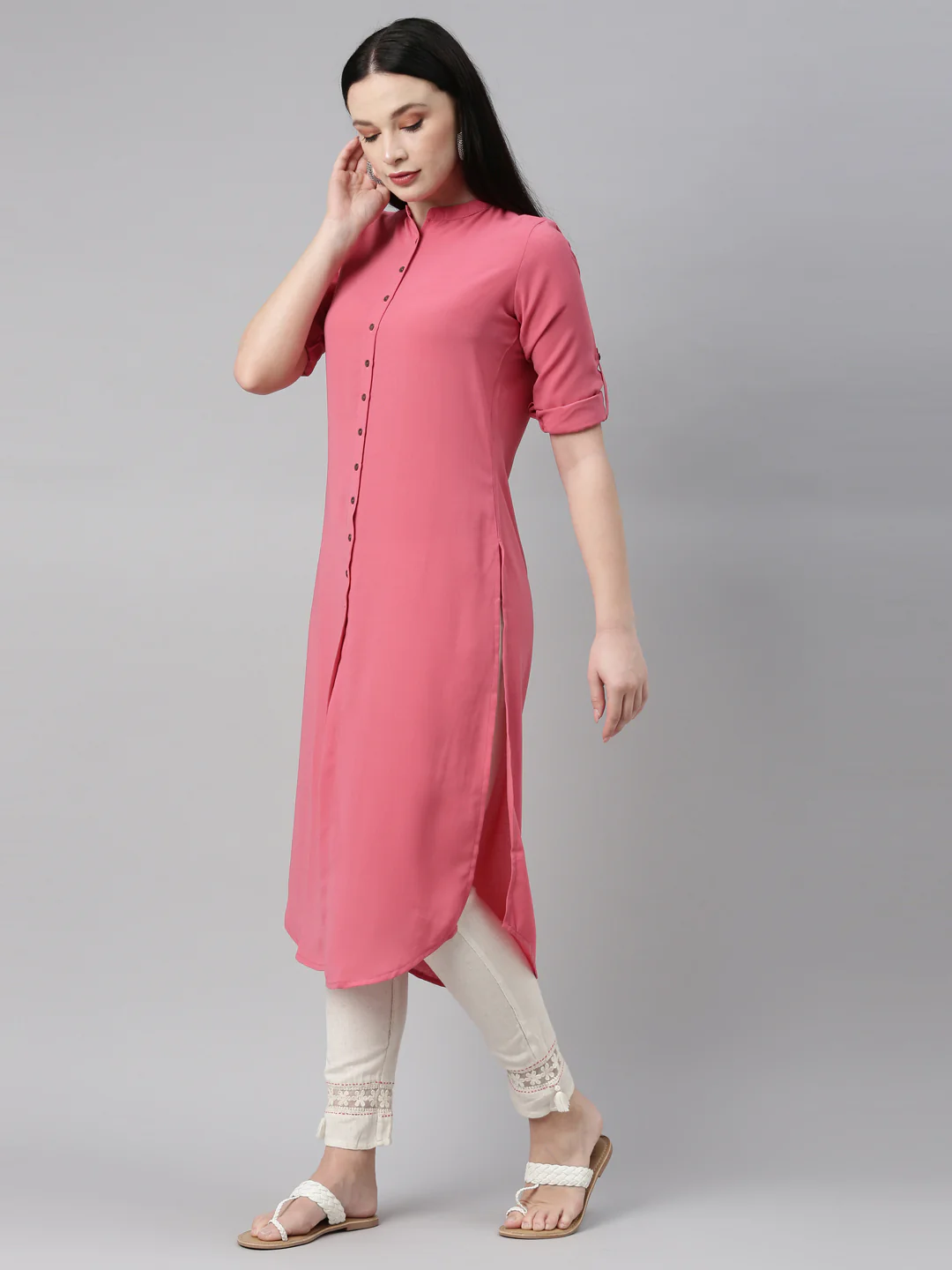 Neerus Peach Color Slub Rayon Fabric Kurta - Image 3